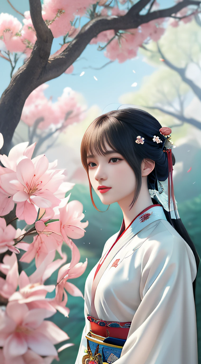 Image of a woman in traditional dress standing under a tree, Guviz-style artwork, Palace ， A girl in Hanfu, trending on cgstation, Beautiful digital artwork, Beautiful character painting, inspired by Yanjun Cheng, Inspired by Fenghua Zhong, 🌺 CGSesociety, Guviz, Beautiful digital illustration
