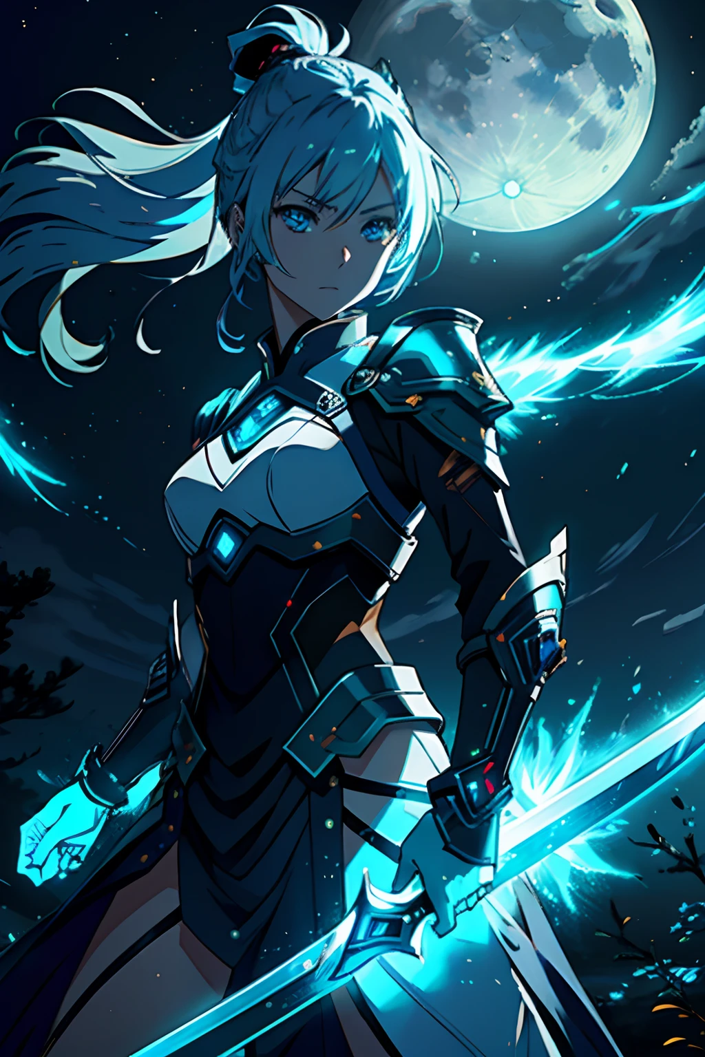 (ultra high res, best quality image, highly detailed, 4k)Of course! Here's a prompt for a cool anime character and scene:

"Create an anime character named Hikari, a skilled swordswoman with a mysterious past. She has long silver hair that glows softly in the moonlight, and her eyes change color based on her emotions. Hikari wears a combination of futuristic armor and traditional samurai clothing, adorned with intricate glowing patterns. Her weapon is a sentient blade named Tsukuyomi, which can control shadows and moonlight. 

Place Hikari on a moonlit battlefield surrounded by ancient ruins. The ruins are adorned with luminescent symbols that emit a soft, ethereal light. The moon hangs low in the sky, casting an otherworldly glow over the scene. As Hikari engages in combat, the shadows and moonlight intertwine, creating stunning visual effects that illuminate her every move. The clash of her blade against her enemies' weapons sends sparks of light dancing through the air."