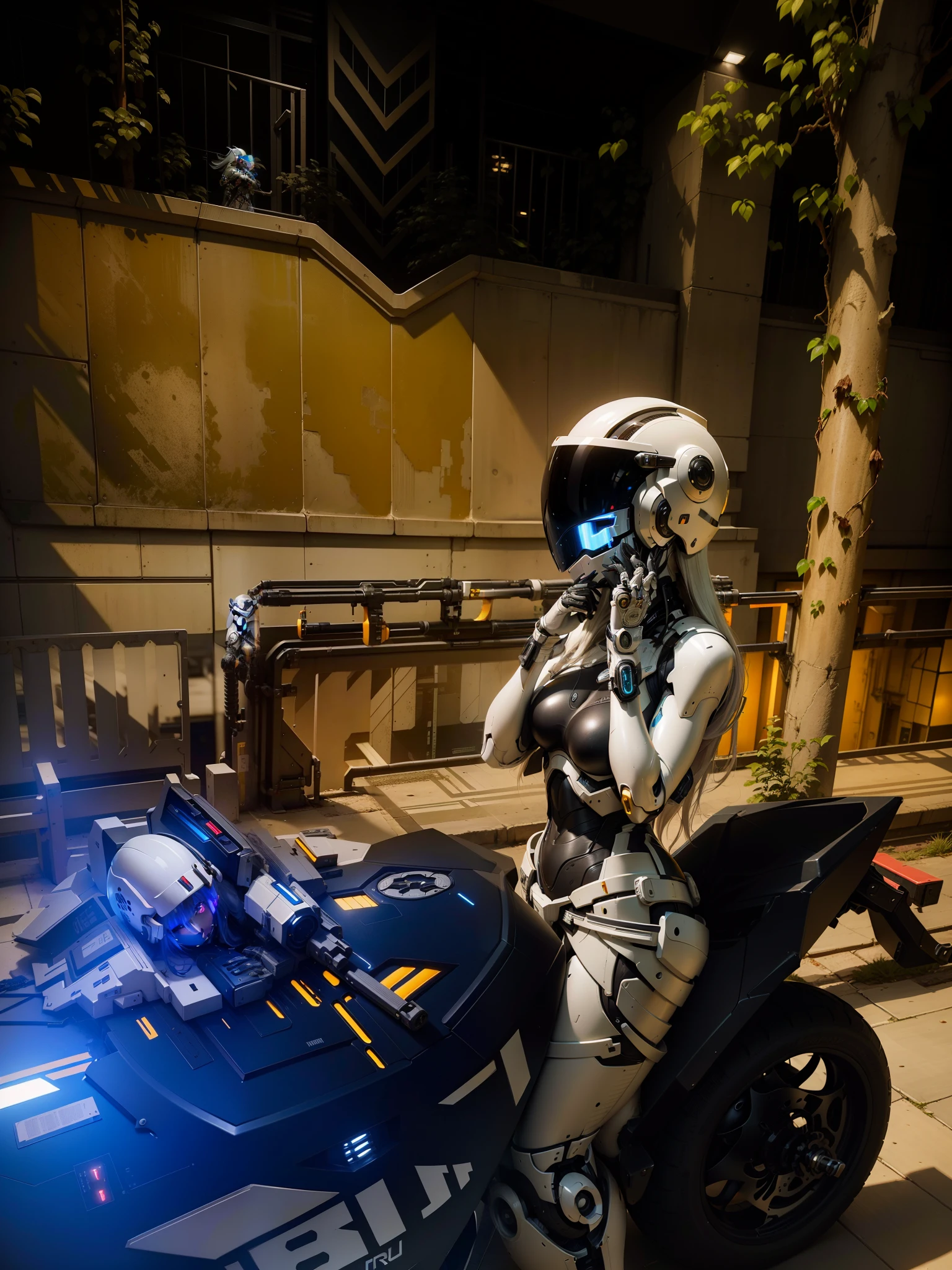 Cute cyberpunk female knight，Long flowing white hair，Black mech costume，Sophisticated white tech helmet，Nousr， Biomechanicals， MSHN Robot Woman，High-tech helmet，hyper realisitc， Steel， Complex design， insanely details， finely detailled， Extremely clear lines， cinmatic lighting， photograph realistic， A detailed masterpiece