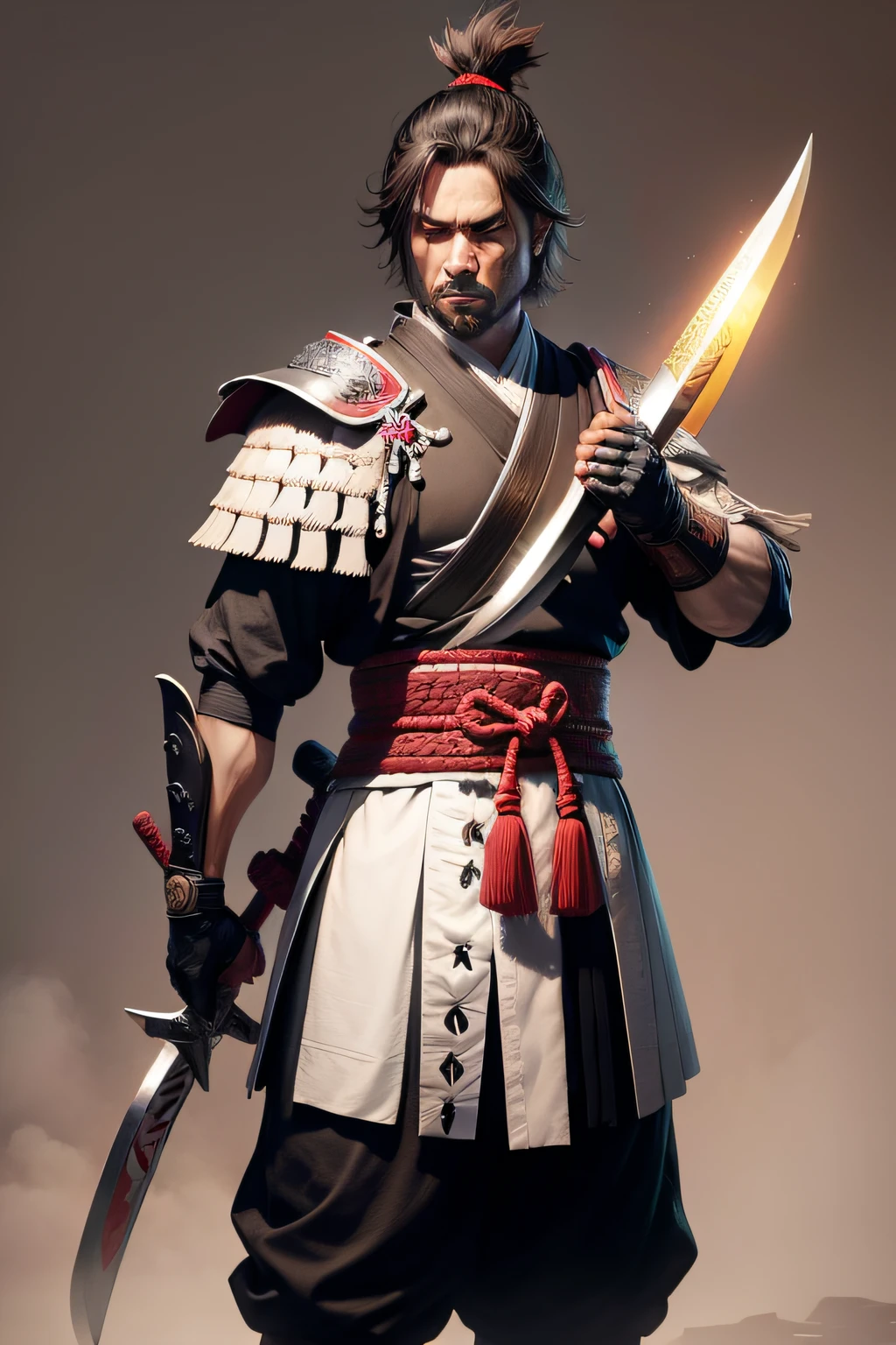 galinha, com roupa de samurai, usando espada