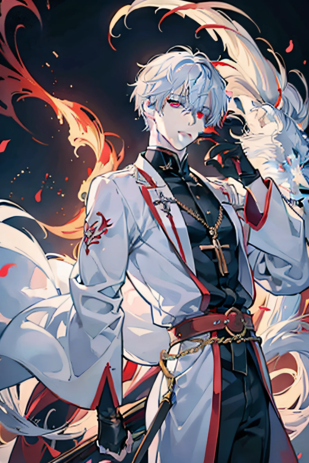 Anime boy with white hair and red eyes with white fox, White fox anime, white - haired fox, handsome japanese demon boy, with glowing red eyes, best anime 4k konachan wallpaper, handsome guy in demon slayer art, Key Anime Art, Male anime style, with red glowing eyes, shigenori soejima illustration, Anime art wallpaper 8k,full bodyesbian