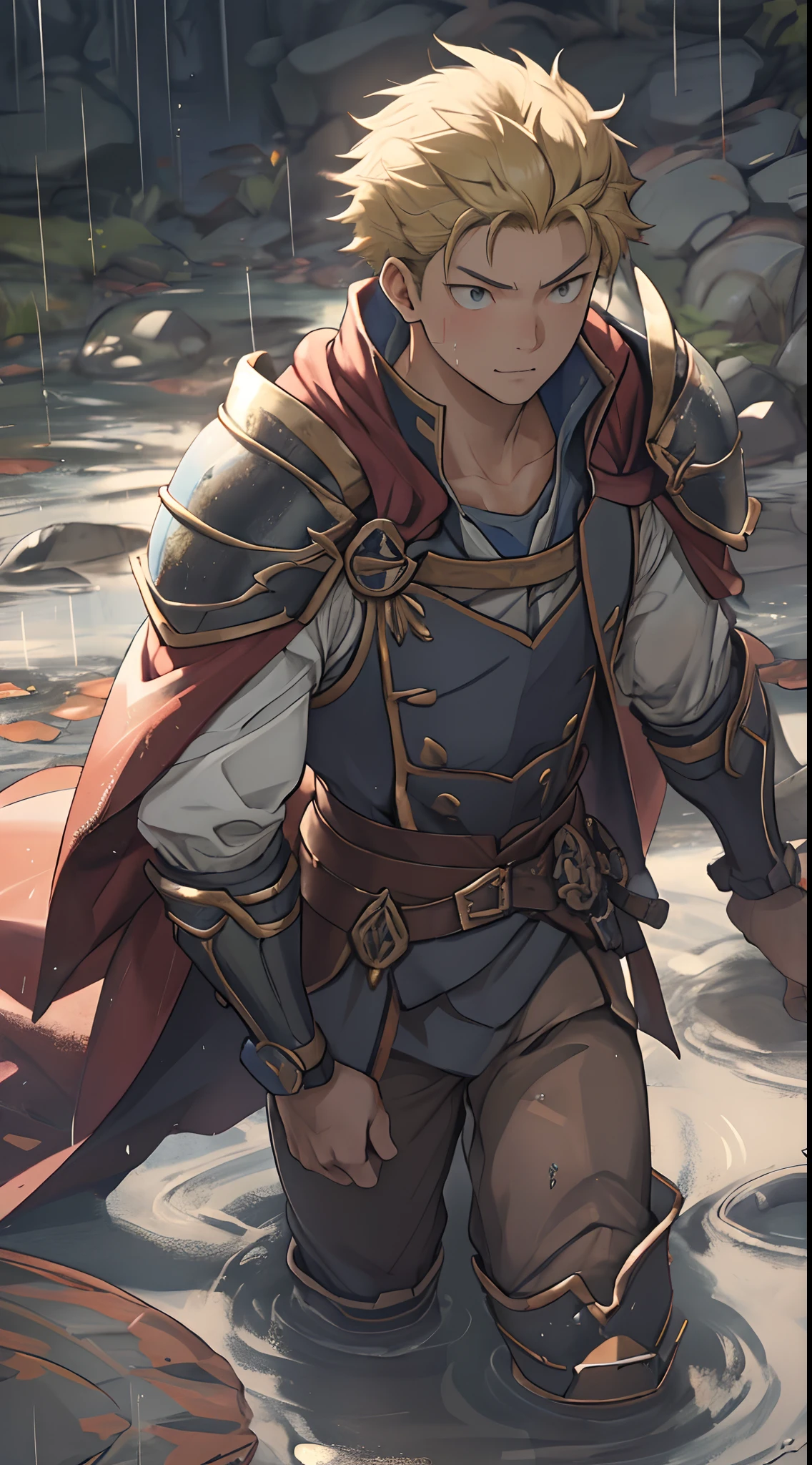 (1 Adult male),Hector Fey,solo person,独奏,A high resolution, Sharp focus, Pixiv masterpiece, ((Complicated details)), highly detailed, natsuki_subaru,Handsome,Lying in the mud, Lazy,full bodyesbian, blue color eyes(eyes glowing), Short yellow hair,Cloak,Armour,Shoulder armor,perspire,rain,Drenched,Sweaty crotch,look from down