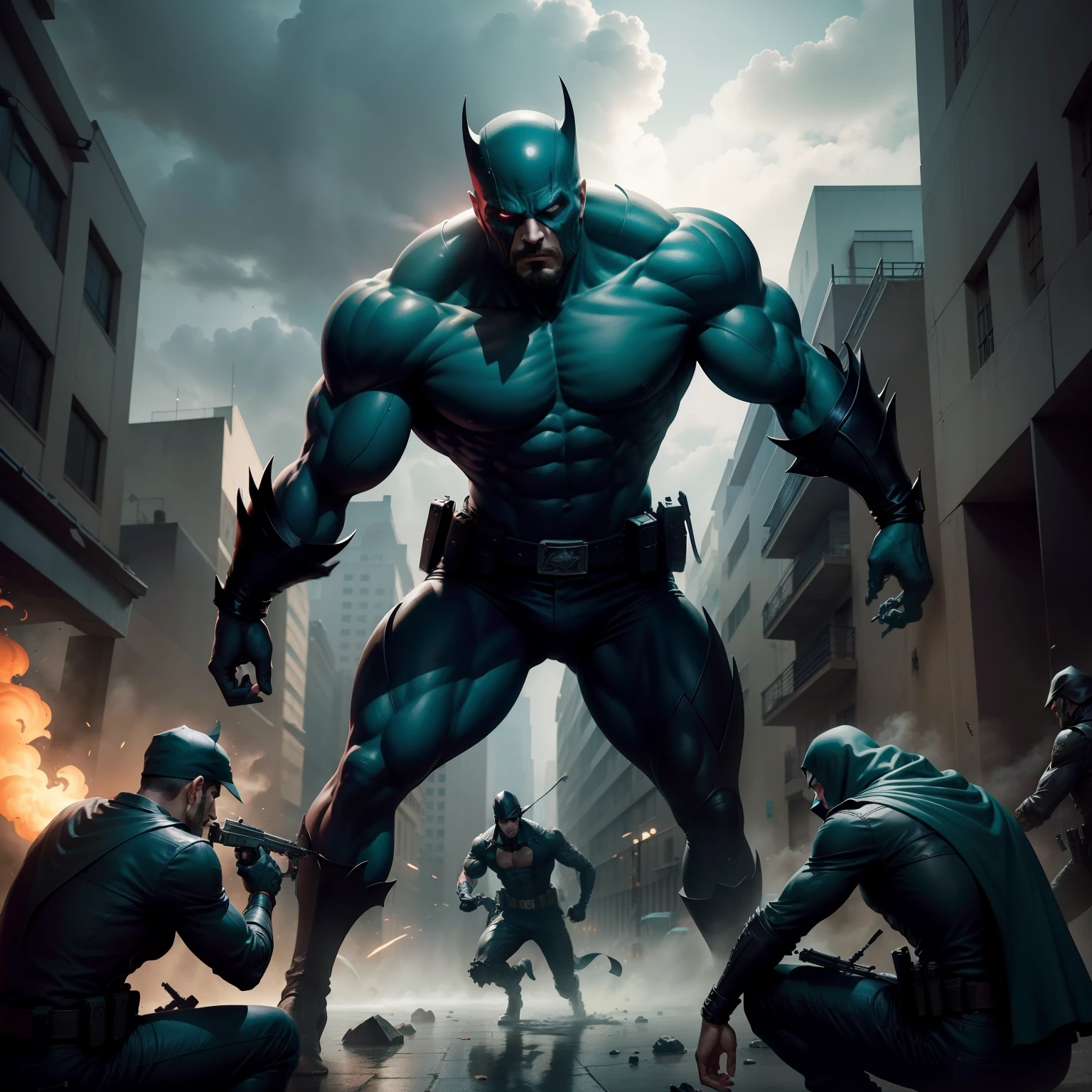 The bad guys try to attack the Shadow Hero, mas ele se esquiva habilmente e contra-ataca com movimentos fluidos.]
