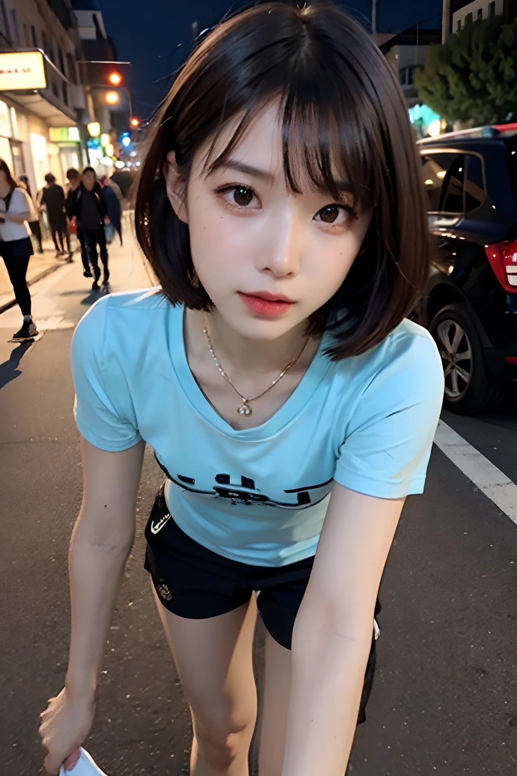 top-quality、masterpiece、超A high resolution、(realisitic:1.4)、the panorama、portlate、Very wide lens、a closeup、Beautiful adult woman、Beautiful detail eyes and skin、ssmile、Light brown short-cut hair、Small necklace、Dark short sleeve T-shirt、Training shorts、city street at night、Nights with few people、Walking、