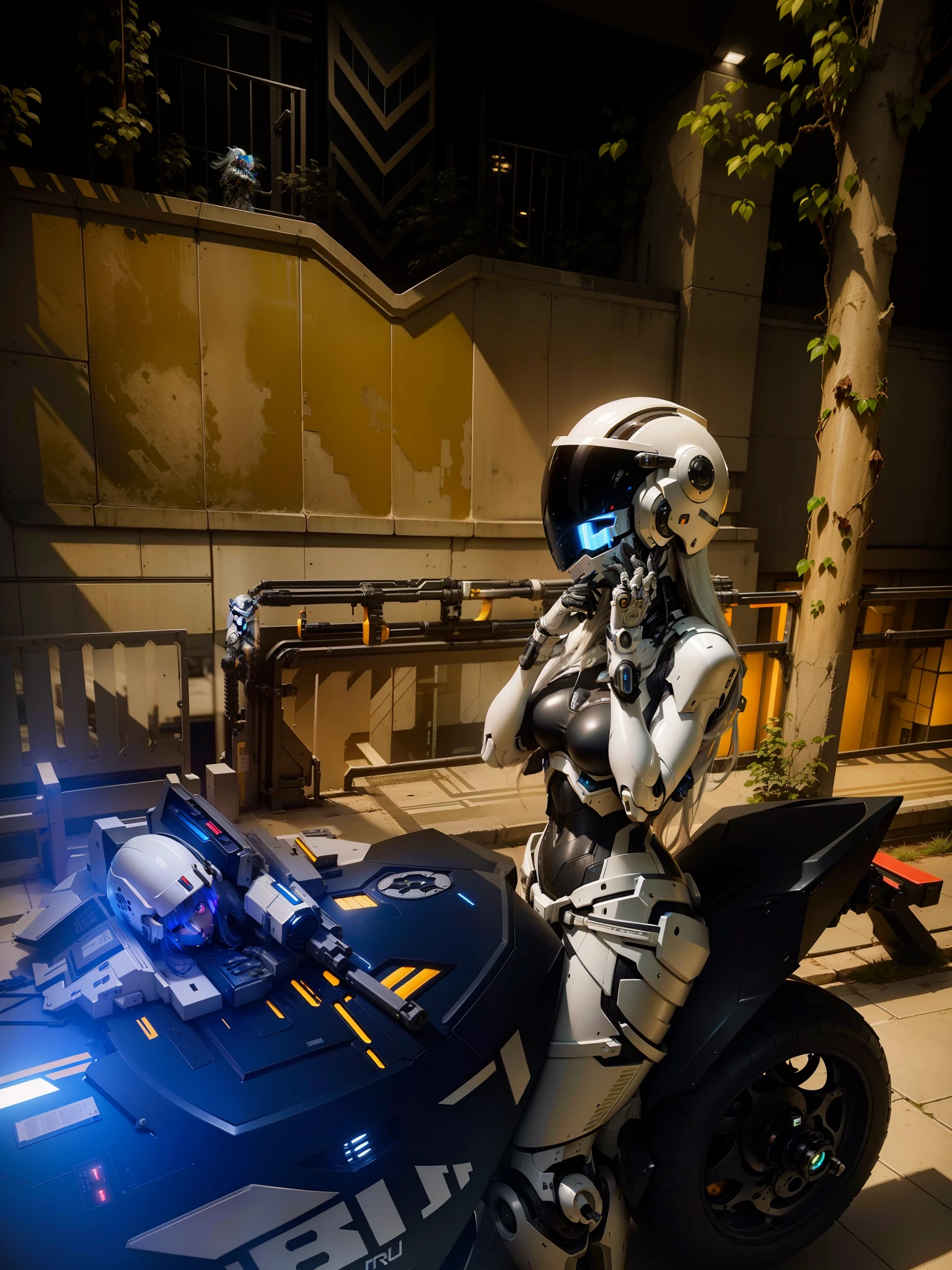 Cute cyberpunk female knight,Long flowing white hair,Black mech costume,Sophisticated white tech helmet,Nousr, Biomechanicals, MSHN Robot Woman,High-tech helmet,hyper realisitc, Steel, Complex design, insanely details, finely detailled, Extremely clear lines, cinmatic lighting, photograph realistic, A detailed masterpiece