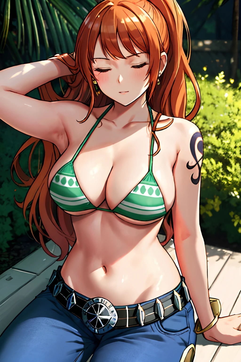 WALLPAPER, detailed sunbathing background, top view, ((((sunbath, Hands folded, facing up, leaning backward, back on ground, laying down, sunbath seat, relax, lay on sunbath seat, sleeping on seat), very wide wavy ponytail, thick ponytail, very wide voluminous ponytail: 1.7, very wide high ponytail, long wide ponytail, defined high thick missy bangs with upward locks, (short right bang, very long left bang))), masterpiece, 16k, epic, best quality, late youth, adult, 1girl, active, energic, (large mouth) , solo, nami \(one piece\), 1girl, bangle, (open mouth, serious, closed eyes, perfect detailed face, round face) bold drawing lines, detailed bold arm lines, flat jaw, adult woman, wavy wide streaked bangs, floating bang, (big cheeks), bare shoulders, belt, bikini, bikini top only, bracelet, springy breasts, breast lines, cleavage, denim, earrings, floating hair, shiny hair, green belt, green bikini, bold groin lines, jeans, jewelry, medium breasts, log pose, very wide long hair, looking at viewer, big navel, wet hair, orange hair, pants, shoulder tattoo, sidelocks, solo, stomach, swimsuit, tattoo, open mouth, big forehead, hourglass figure, small head, toned body, wide hair