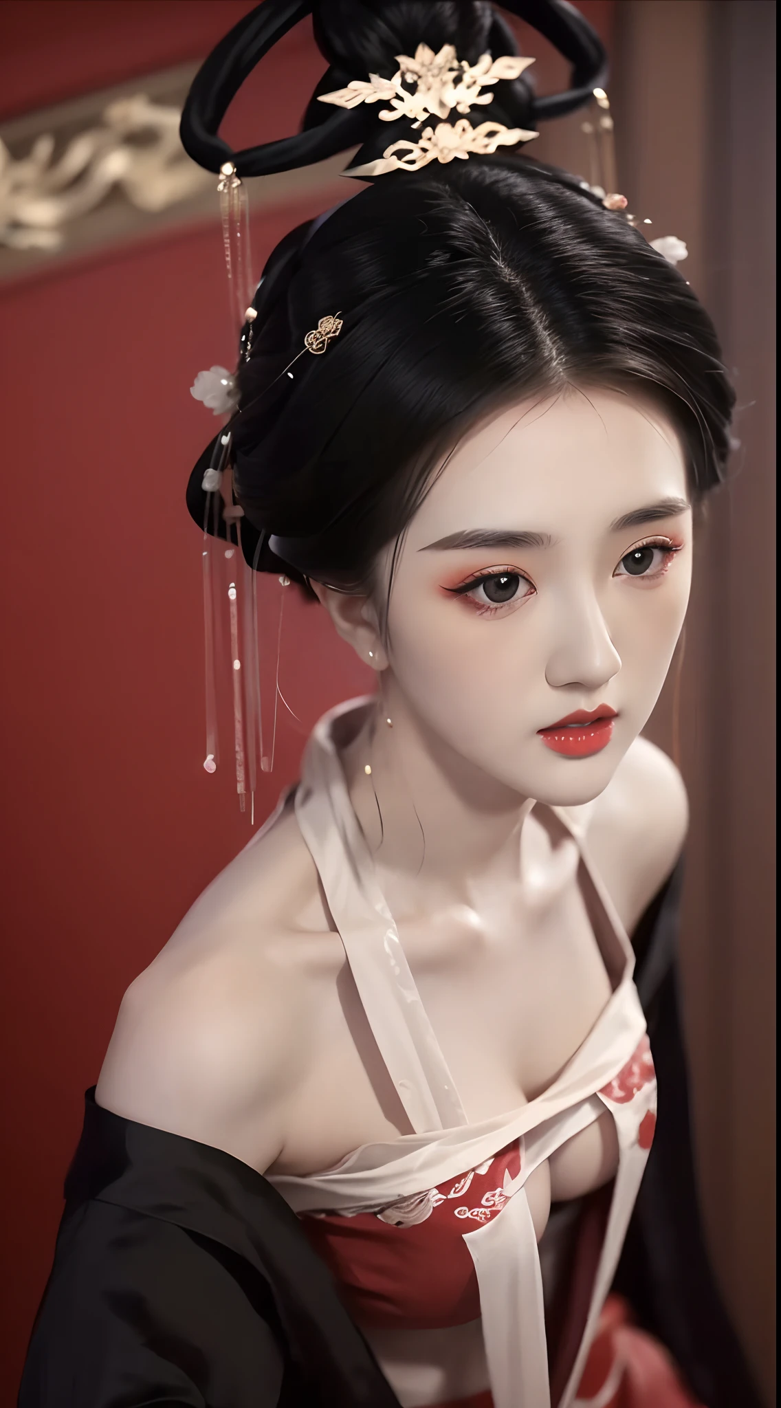 1 beautiful girl, long black hair, black eyes, Ancient Chinese style bun, wearing a thin silk shirt of ancient China, appears shoulders and head in the photo, plump red lips, pout, mouth shut, embarrassed, small face makeup detailed and very beautifull, breast augmentation, ((big blum boobs:1.2)), blush, from front, from above, looking at viewer, upturned eyes, masterpiece, top quality, best quality, official art, unity 8k wallpaper, highres, ultra-high res, ultra-detailed, (photorealistic:1.2), alone, solo, Only 1 girl, style hanfu Dunhuang,