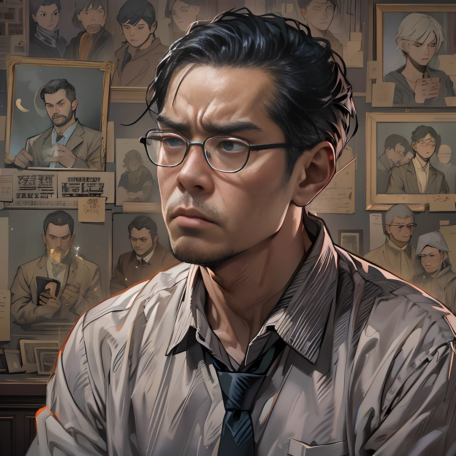 A serious man with a furrowed brow, deep in thought, adding, "The members of the special case bureau said that their souls are all missing.", ,in the style of the stars art group xing xing, 32k, best quality, masterpiece, super detail, high details ,