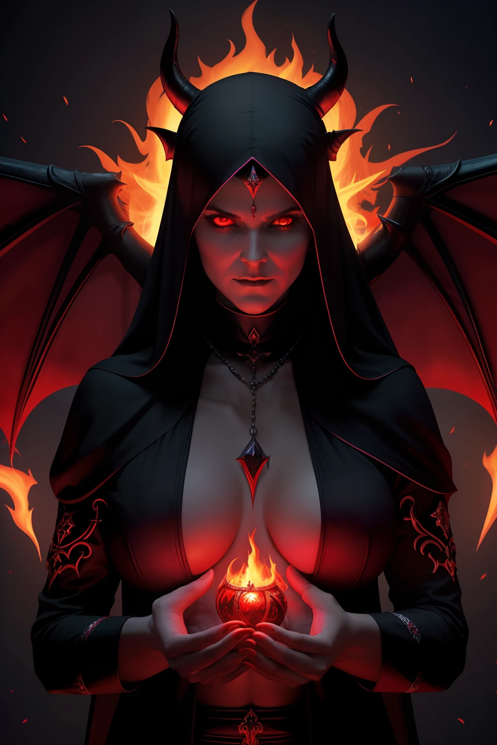 India Summer : The evil nun, Demon horn, Demon wings on the head , an evil red glow emanating from her, his hands preparing a purple ball of fire, diabolique, insidieux, Context of the Satanic Church