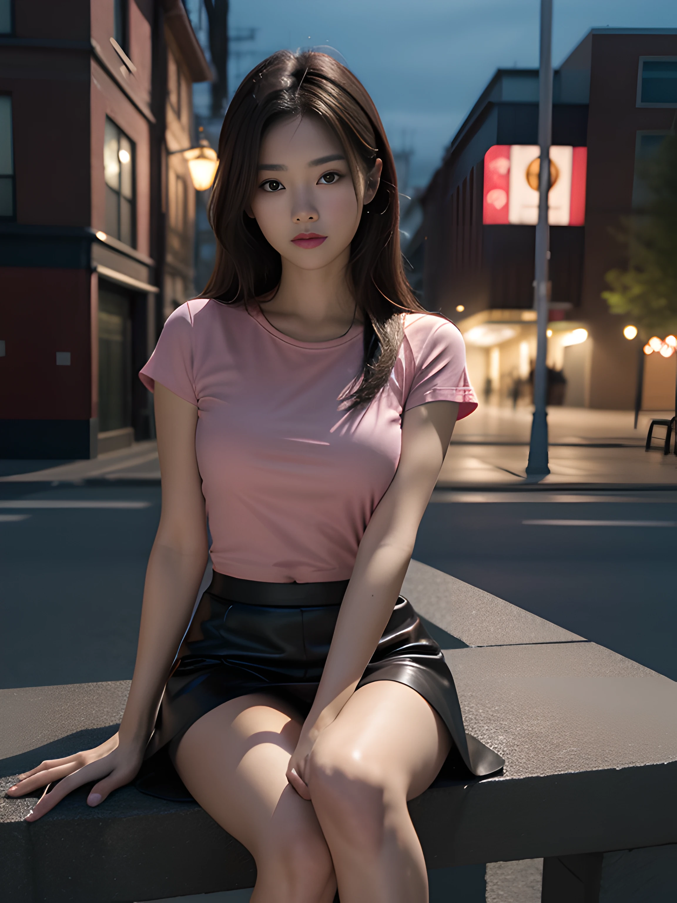 ((midynight, Acura, 8K, tmasterpiece: 1.3)), full bodyesbian, long leges, Focalors: 1.2, perfect figure beautiful woman: 1.4, Slim abs: 1.1, (dark brown hair,: 1.2 )), (Pink skinny T-shirt, short skirt,sitting on a stool: 1.2), (city night scene, the roof: 1.3)), Highly Detailed Face and Skin Textur, detailedeyes, 二重まぶた,