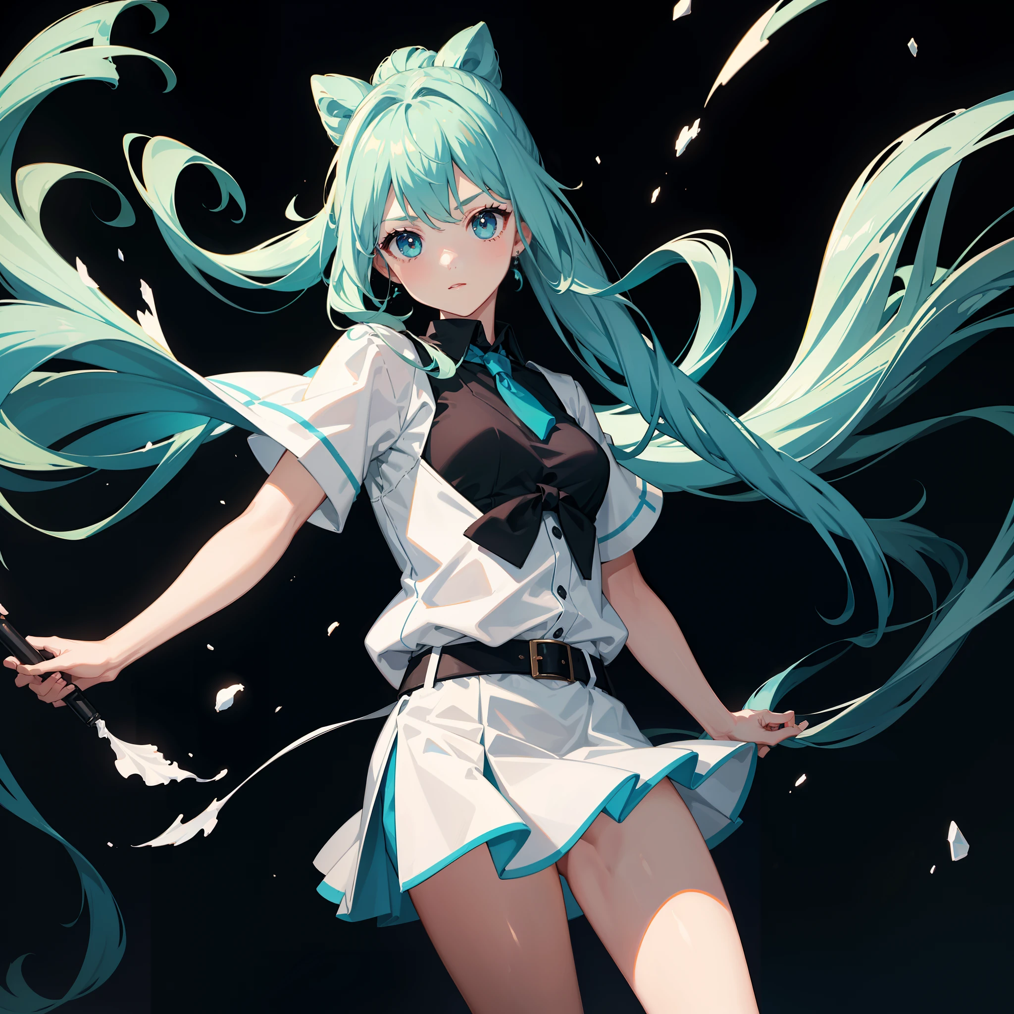 Masterpiece, Best quality, A high resolution, A girl wears a long ponytail，cyanhair，cyan eyes，Wearing a black vest，White coat，black short skirt
