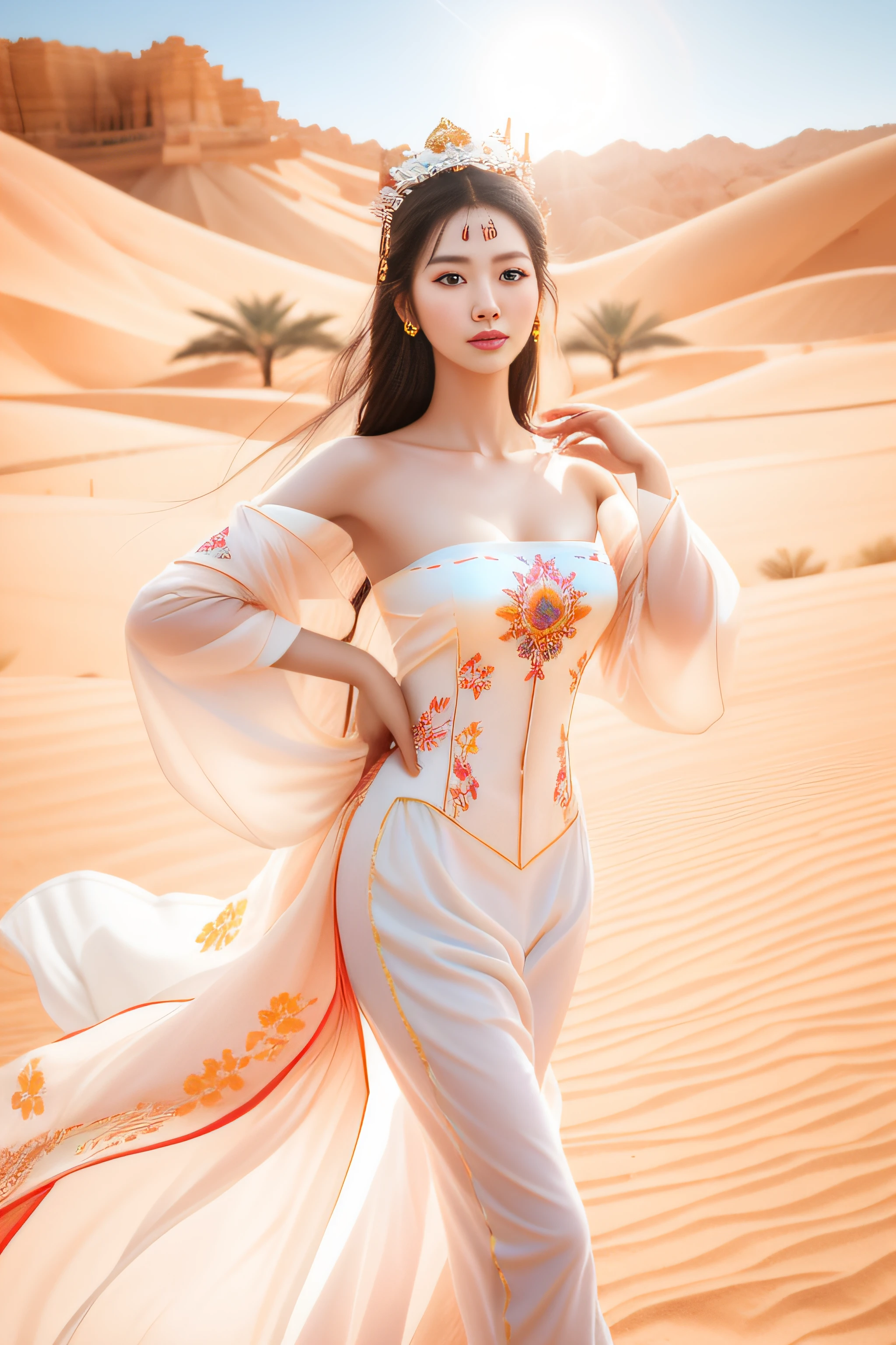araffed asian woman in white dress posing for a picture, Milky white skin, in the desert，The background is the Dunhuang Grottoes，RAW photos，，illustratio，1girll，（Solo exhibition：1.2），（Hair crown：1.2），Traditional Chinese costumes，No shoulder strap，Peach buttocks，Long legs，Thin leg，perfect body figure，Perfect curves，The pants are stuck in the crotch，（Red eyeliner：1.2），（黑The eye：1.4），ear jewelry，dynamic angle，Royal Palace，Messy_Long_Hair，ink，cinematric light，lens_flare，velvet，chrysanthemums，nipple tassels，Ribbons，color embroidery，The upper part of the body，facing at camera，dynamicposes，Embroidered cloth shoes， A lovely and beautiful young woman, young and cute girl, straw，Poor milk，Torn lower chest，belly and navel visible，Thin sheer clothing