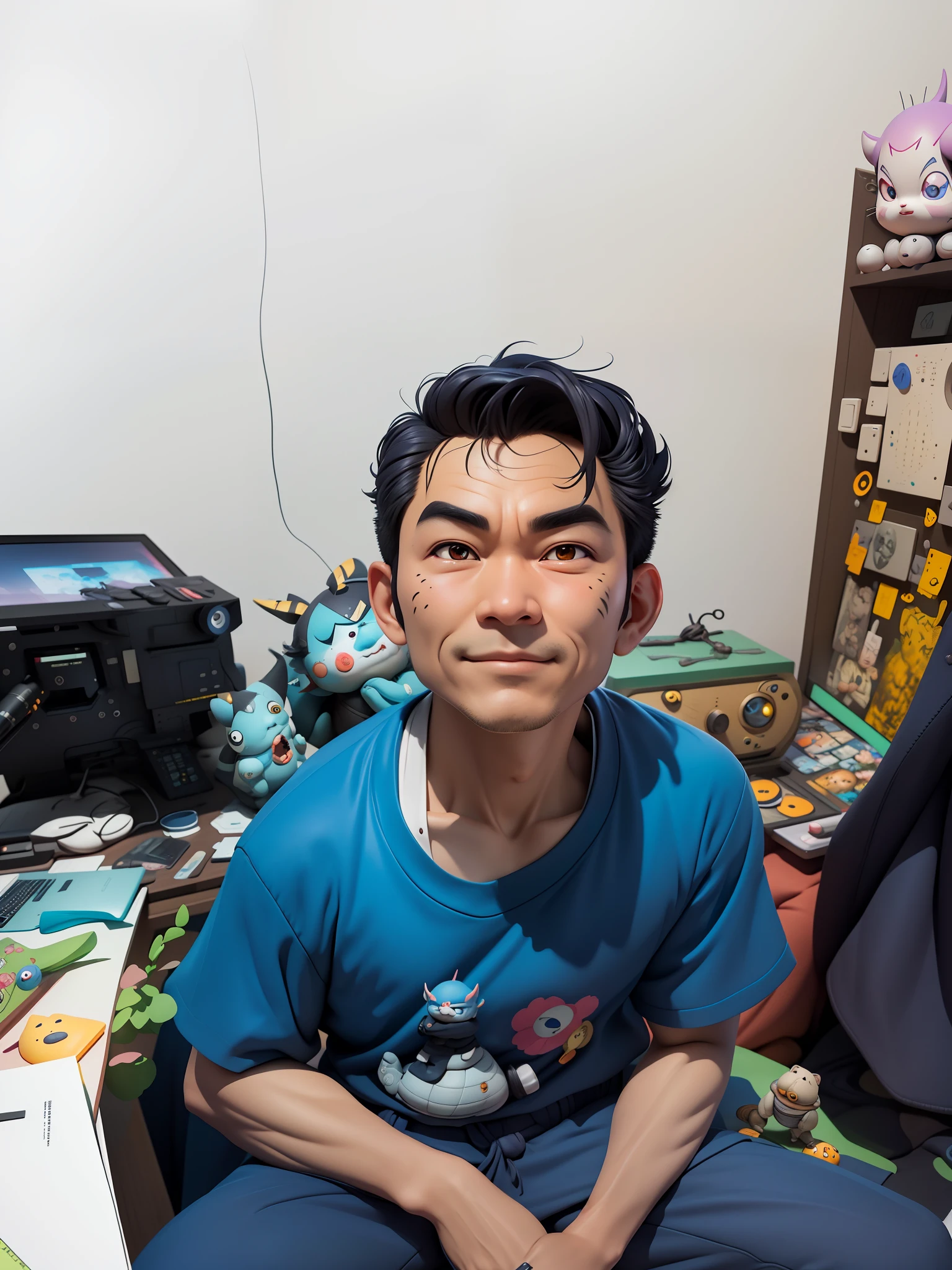 (Masterpiece), (Excellent), (Super Meticulous), (Full Body: 1.2), Super Young Man, Oriental Face, Japanese Kimono, Japanese Wind Thunder God, Dragon, Tiger, TV Anchor, Bust Portrait Illustration, Alone, Black Suit, Blue Tie, Slightly Chubby Face, Very Clean Face, No Beard, Black Super Short Hair, Black Eyes, Confident Smile, 3c Computer Sub-Products, iPad, iPhone, Digital Painting, 3D Character Design by Akira Toriyama and Mark Claireden and Pixar and Hayao Miyazaki, The illustration is a high-definition illustration in 4K resolution with very detailed facial features and cartoon-style visuals.