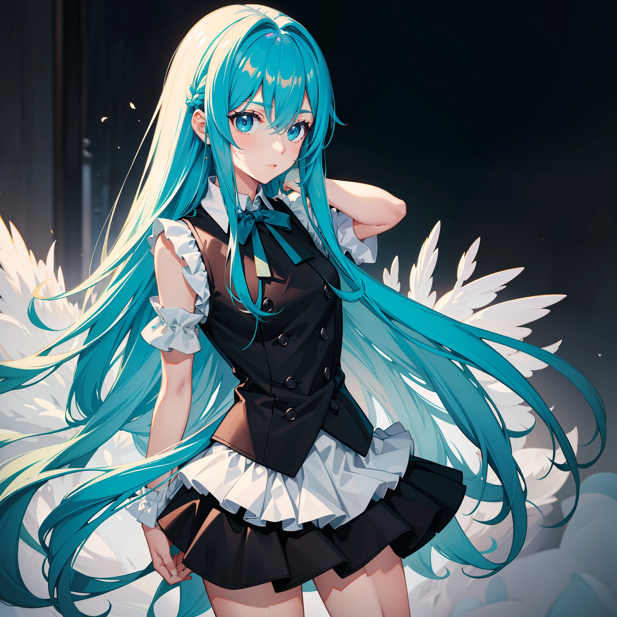 Masterpiece, Best quality, A high resolution, A girl has long hair,cyanhair,cyan eyes,Wearing a black vest,White coat,black short skirt