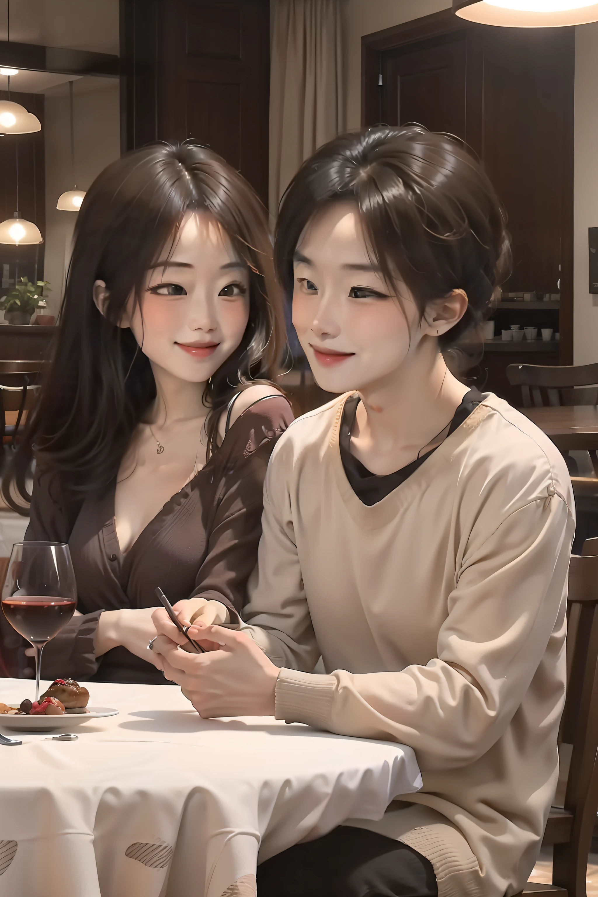 Couples have dinner in an intimate dining room，romantic atmoshere，soft and warm lighting，Heart-shaped tablecloth，Delicious food on the table，They looked at each other，Communicate with a smile，happiness overflowing，Memories live on。