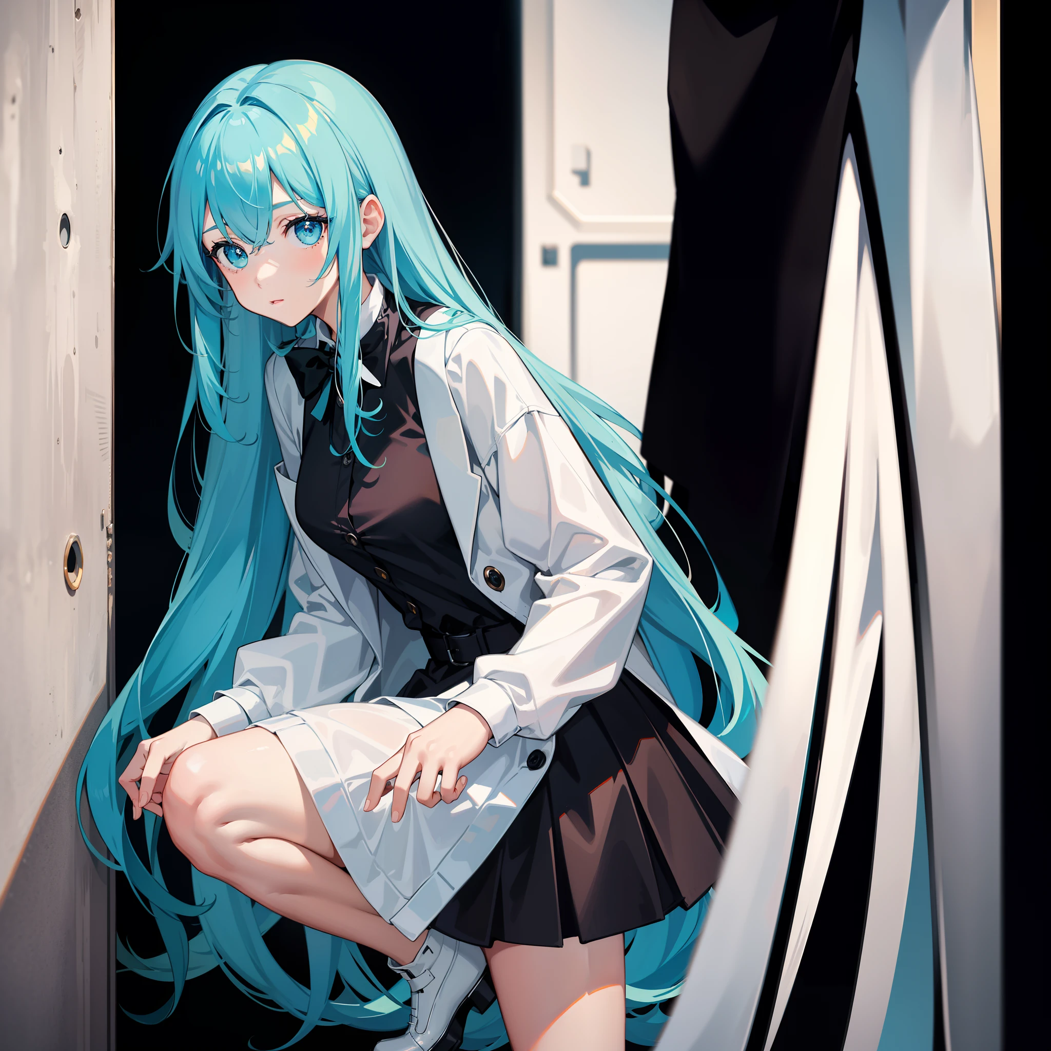 Masterpiece, Best quality, A high resolution, A girl has long hair,cyanhair,cyan eyes,Wearing a black vest,White coat,black short skirt