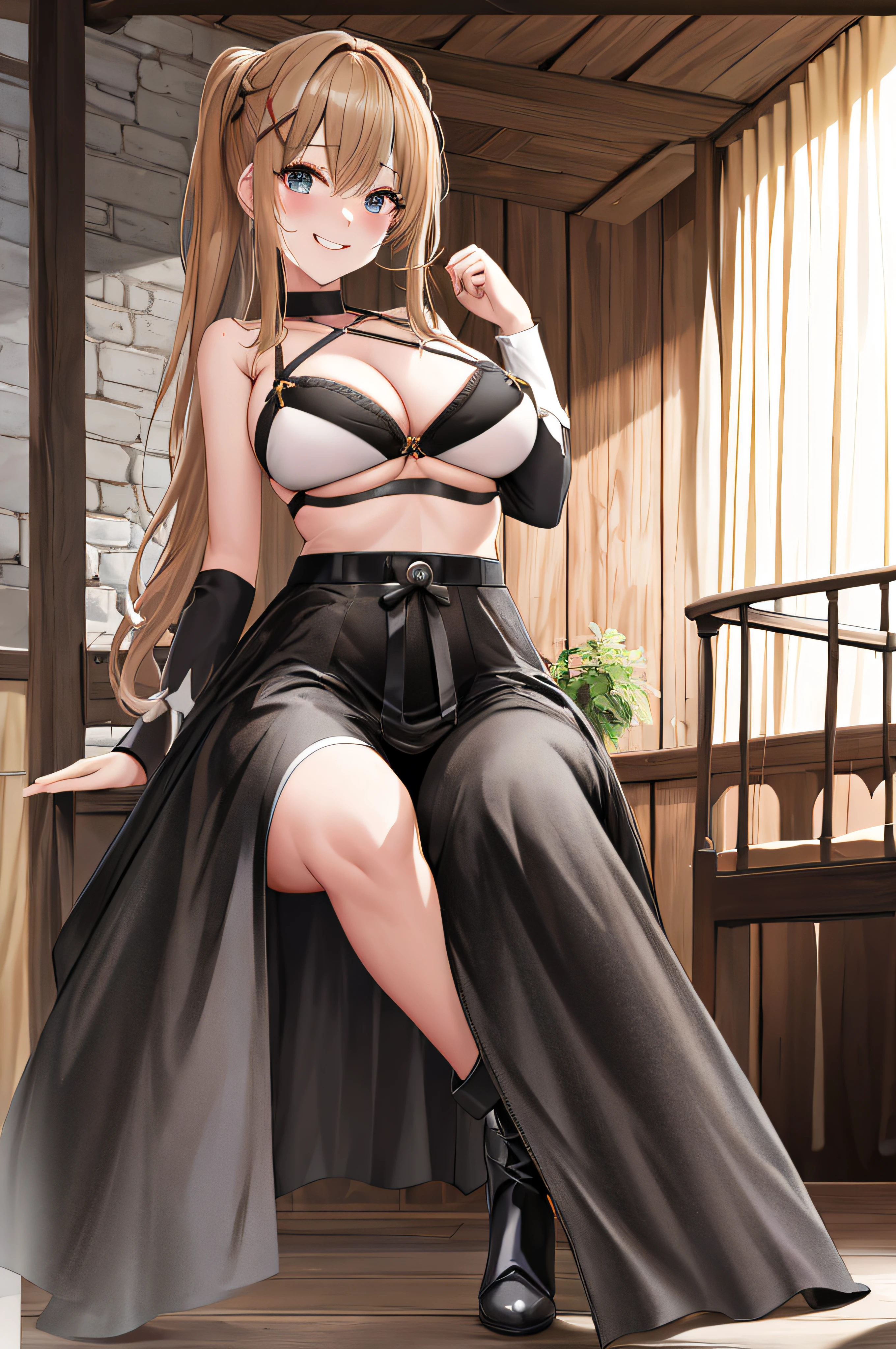 melhor qualidade, highres, (( lingerie)) , sexy, lasciva, 1girl, cabelo longo, cabelo loiro, x ornamento de cabelo, armadura, olhos azuis, rabo de cavalo, ornamento de cabelo, luvas, pigtail, luvas pretas, pauldrons, botas brancas, darkeness \(konosuba\), seios grandes, tiro de cowboy, castelo, ao ar livre, sorriso,