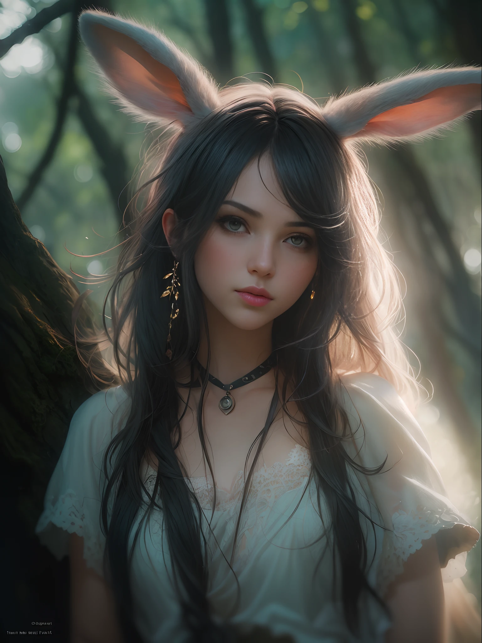 Portrait of an amazingly beautiful rabbit girl、Organic clothing、Looking here、pretty hair、thirds rule、200mm 1.4F Macro Shot、(natural skin textures、Hyper-Realism、Soft light、sharp:1.2)、(intricate-detail:1.12)、nffsw、(intricate-detail、ultra-detailliert:1.15)、the woods、The tree々Add depth to the screen with a backlight effect with sunlight penetrating in between、Foggy、Fantastic atmosphere、Art by Greg Rutkowski and ArtGerm、Soft Cinematic Lights、adobe lightroom、Photolab、nffsw、Convoluted、ighly detailed、(depth of fields:1.4)