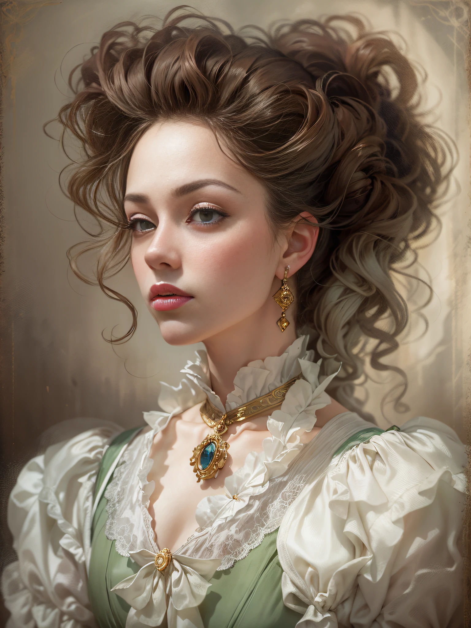 There was a woman，The hair is huge，In a white blouse shirt, rococo style portrait, inspired by Louis Le Nain, Baroque portrait, stunning portrait, ornate portrait, in a high renaissance style, Beautiful portrait, victorian style costume, Portrait of a Victorian woman, young victorian sad fancy lady, inspired by Mathieu Le Nain, A beautiful portrait of a woman, very beautiful portrait
