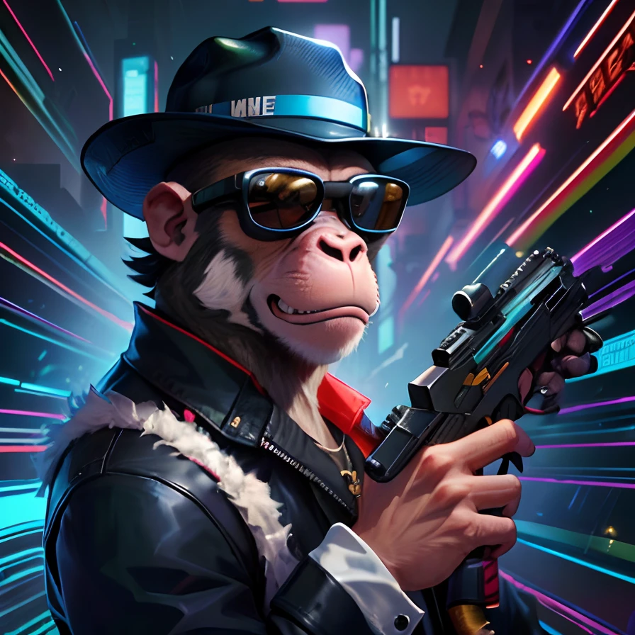 A closeup of a hat monkey holding a gun, arte splash shadowrun, estilo de arte duke nukem, Wojtek FUS, Winston, o Macaco de Overwatch, cyber space cowboy, anthropomorphic gangster rat, humanoid monkey fantasy race, An Anthropomorphic Gangster Rat, macaco entediado nft, arte do personagem shadowrun, Assunto= chimp, gangster
