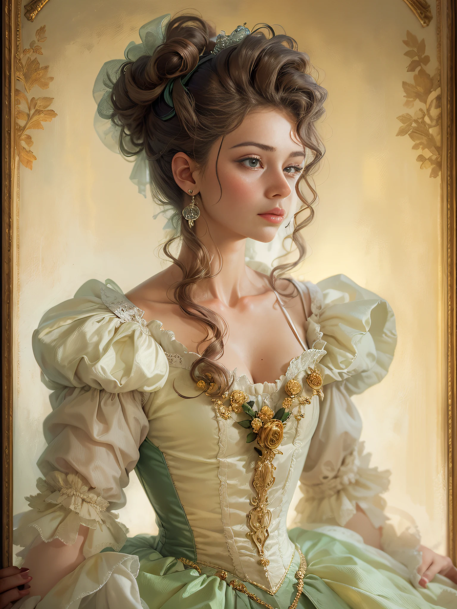 There was a woman,The hair is huge,In a white blouse shirt, rococo style portrait, inspired by Louis Le Nain, Baroque portrait, stunning portrait, ornate portrait, in a high renaissance style, Beautiful portrait, victorian style costume, Portrait of a Victorian woman, young victorian sad fancy lady, inspired by Mathieu Le Nain, A beautiful portrait of a woman, very beautiful portrait
