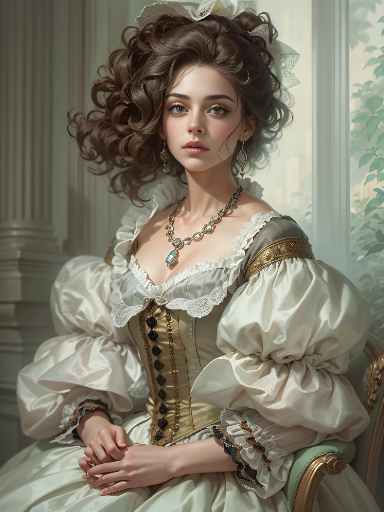 There was a woman,The hair is huge,In a white blouse shirt, rococo style portrait, inspired by Louis Le Nain, Baroque portrait, stunning portrait, ornate portrait, in a high renaissance style, Beautiful portrait, victorian style costume, Portrait of a Victorian woman, young victorian sad fancy lady, inspired by Mathieu Le Nain, A beautiful portrait of a woman, very beautiful portrait