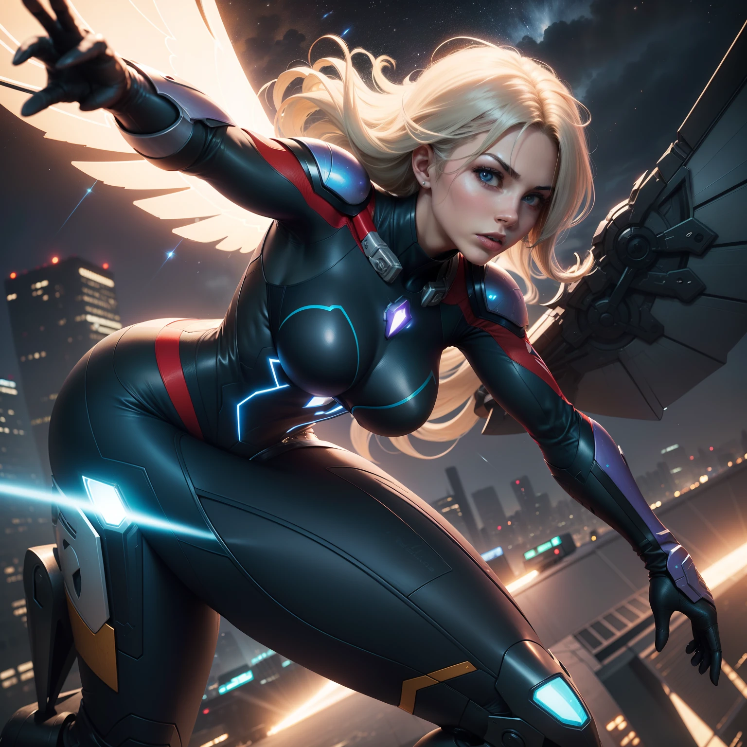 Another hero appears, This time a woman with an aerodynamic suit and mechanical wings, Flying through the night sky.