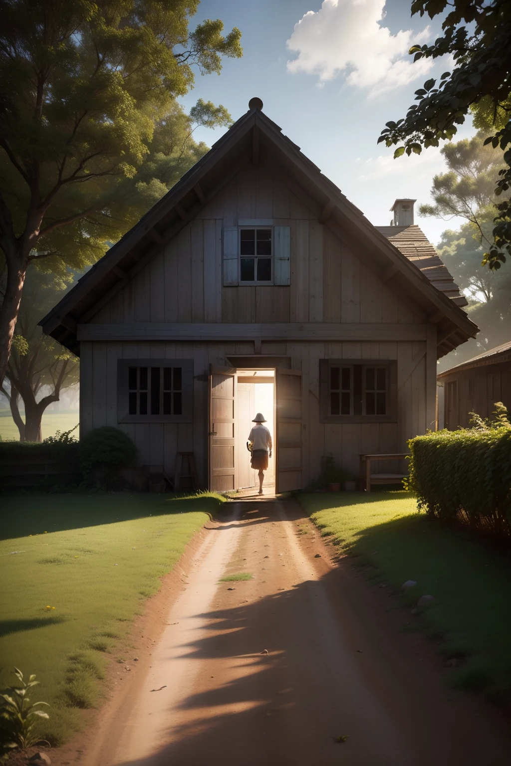 Several people gathered to enter a secluded house on the farm (Obra-prima) (8k high resolution) (Melhor Qualidade) (Ultra Definition) (Ultra Realista)(Foto RAW) (Foto realista) (bright illumination)