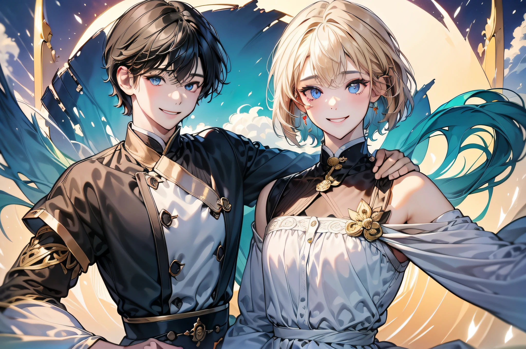 in 8K、top-quality、masterpiece:1.2)、1人の女性、(Smiling smile:1.1)、beautidful eyes、Valley、The upper part of the body、length hair、Like a boy、poneyTail、Gold View、