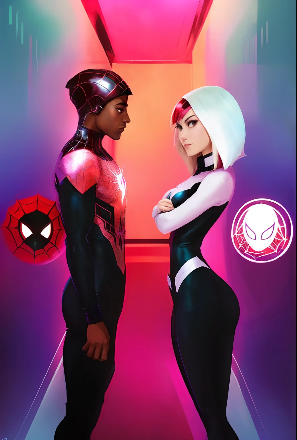 aranha - homem e mulher em um corredor com um fundo neon, spider - estilo de arte verso, no aranhaverso, no aranhaverso, aranhaverso, Gwen-aranha, aranha - gwen, aranha gwen, Miles Morales!!!, ( ( Mulher-Aranha ) ), Miles Morales, No estilo da Marvel e DC, Gwen Stacy, fanart de alta qualidade, Estilo futurista Homem-Aranha