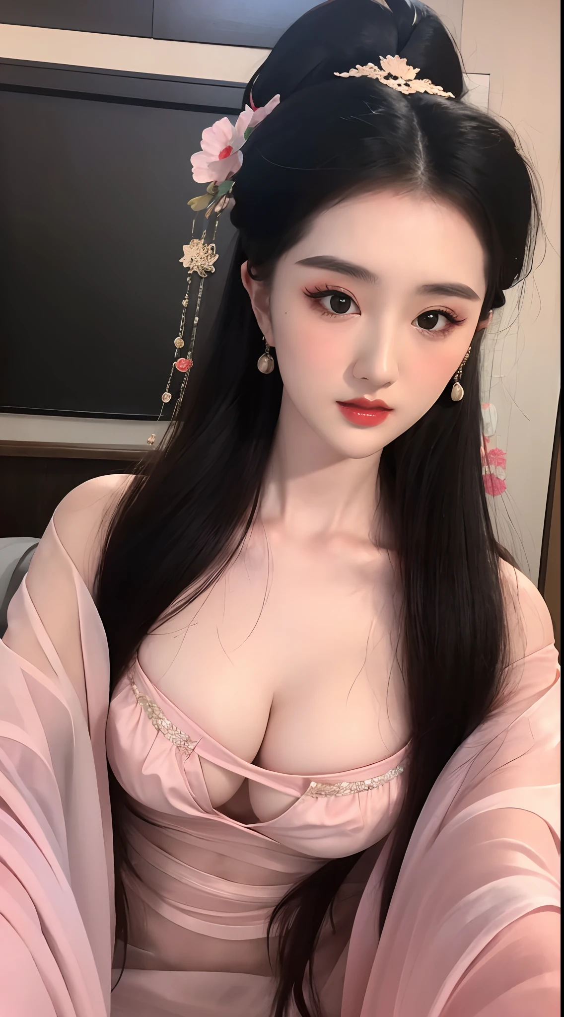 1 beautiful girl, long black hair, black eyes, Ancient Chinese style bun, wearing a thin silk shirt of ancient China, appears shoulders and head in the photo, plump red lips, pout, mouth shut, embarrassed, small face makeup detailed and very beautifull, breast augmentation, ((big blum boobs:1.2)), blush, from front, wear earrings, necklaces, from above, looking at viewer, upturned eyes, masterpiece, top quality, best quality, official art, unity 8k wallpaper, highres, ultra-high res, ultra-detailed, (photorealistic:1.2), alone, solo, Only 1 girl, style hanfu Dunhuang,