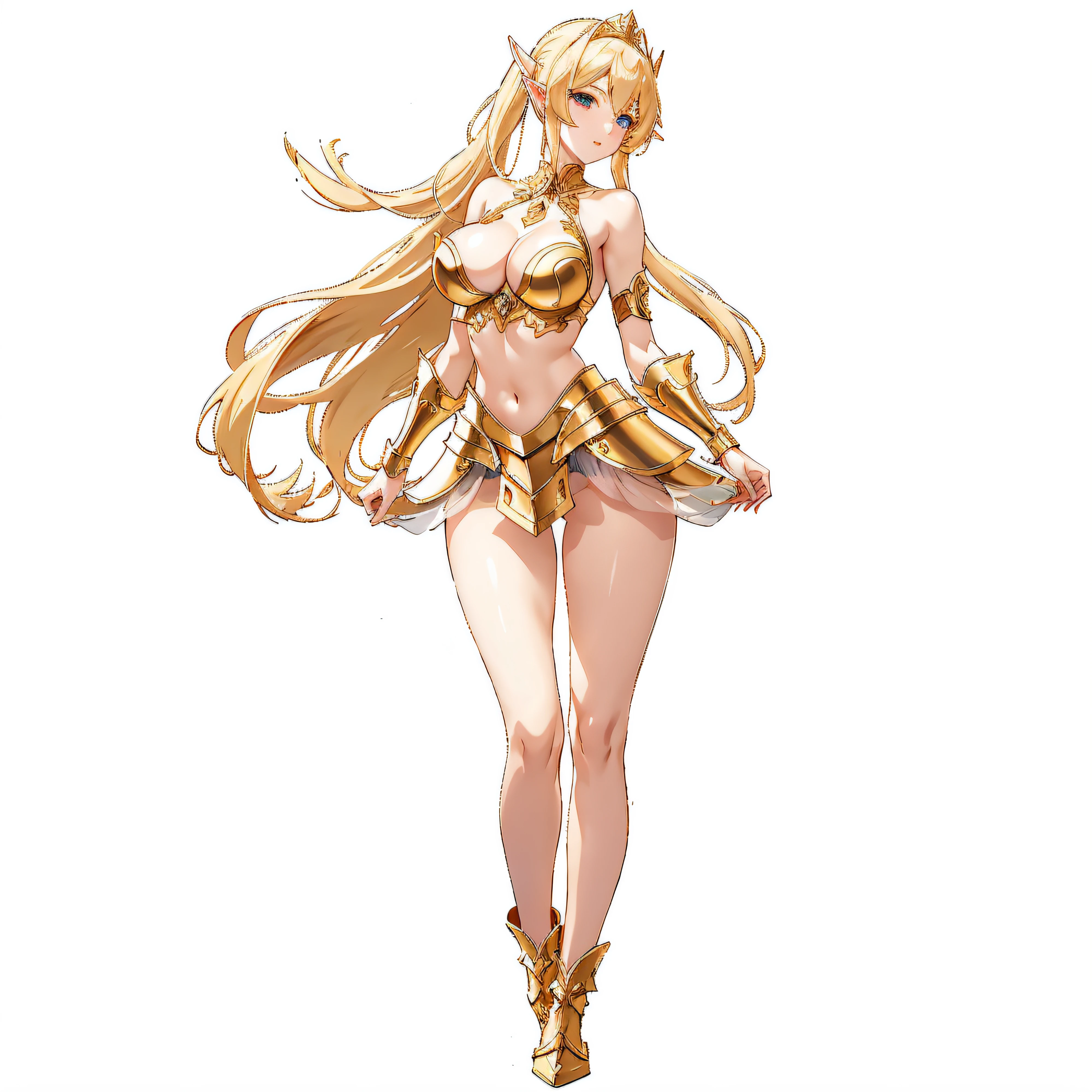 masterpiece、ultra-quality、extremely transparent skirts、Very transparent bra、Full body like、nudde、no-bra、Very slender、Anime girl with blonde hair and gold armor posing naked、anime girl with a very big breast and a very big breast、Elven Girl、anime goddess、Perfect Style、The fleshy feeling of whip、a blond、Blue eyes、alluring elf princess knight、Very open chest、oppai proportions、(Exposed seductive attractive cleavage:1.3)、teats、You can almost see the areola、Ecchi anime style、Glittering golden armor、Angel Smile、angelic golden armor、Glamorous bikini armor、Beautiful fingers、Gold hair ornament、Sexy body、Emphasizes cleavage