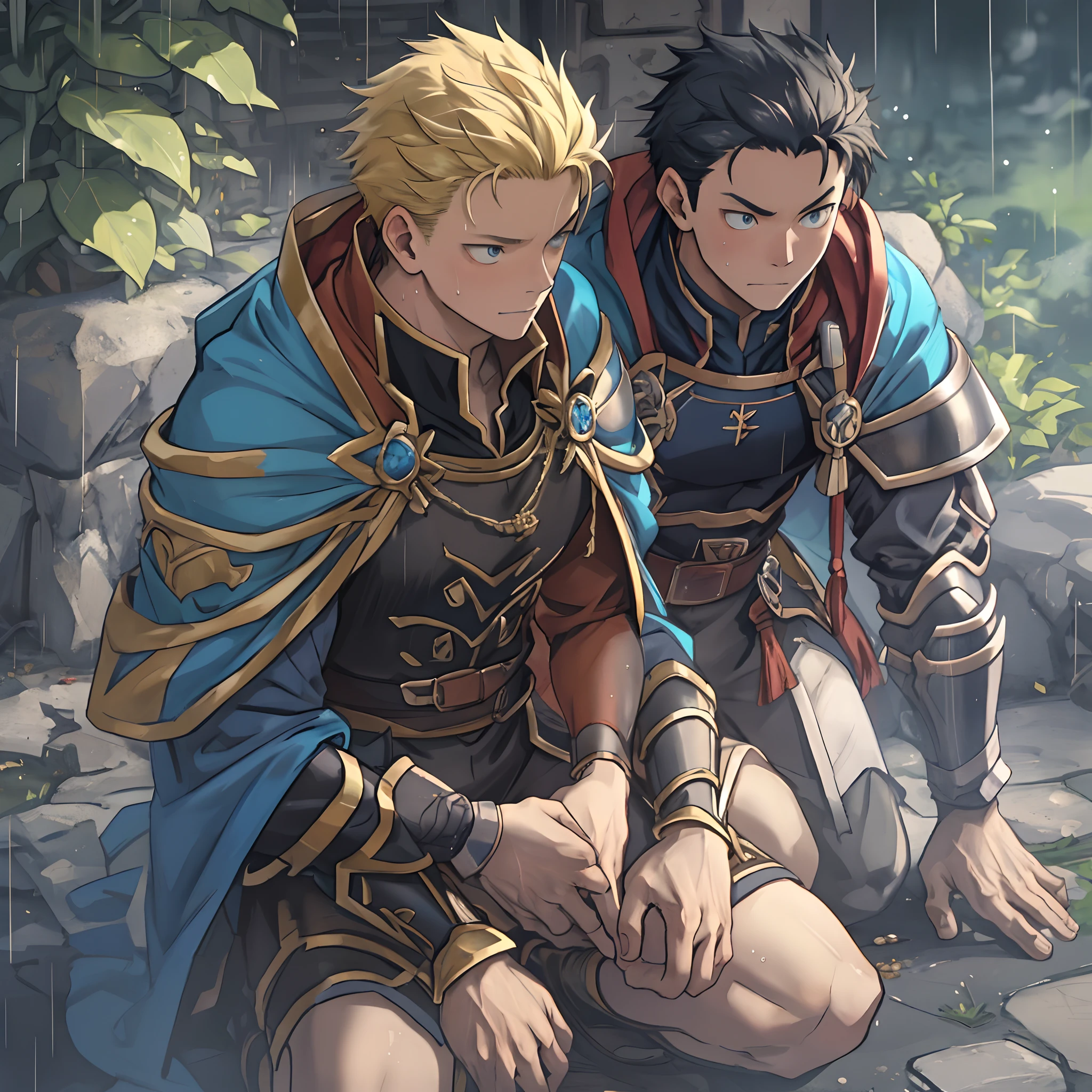 （1 Adult male），Hector Fey，solo person，独奏，A high resolution， Sharp focus， Pixiv masterpiece， （（Complicated details））， highly  detailed， natsuki_subaru，Handsome，Kneel， Lazy，full bodyesbian， blue color eyes（eyes glowing）， Short yellow hair，Cloak，Armour，Shoulder armor，perspire，rain，Drenched，Sweaty crotch，look from down