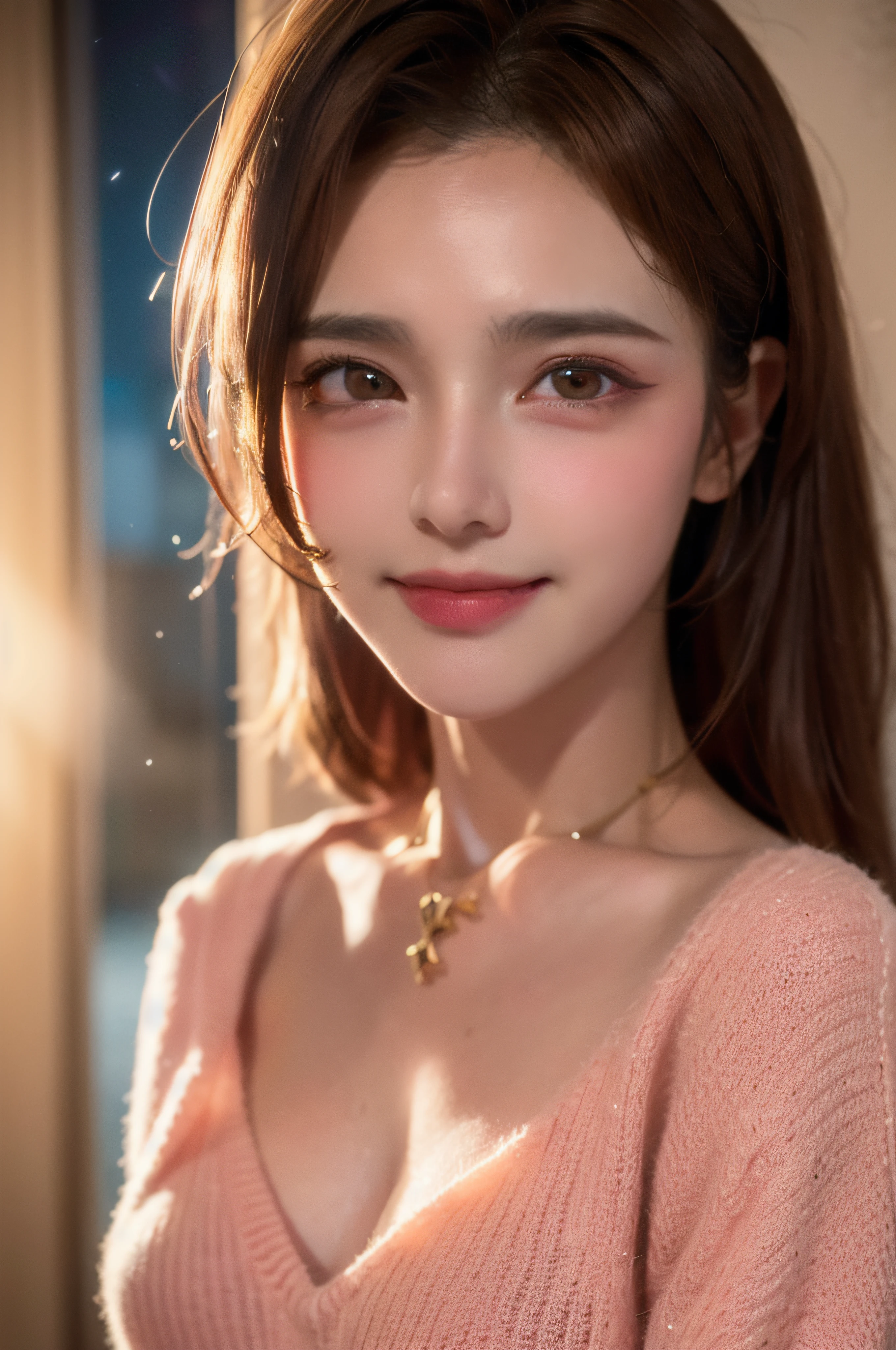((Night, Realistic Light, Best Quality, 8K, Masterpiece: 1.3)), 1girl, Slim Beauty: 1.4, Abs: 1.1, (Brown hair, Medium breasts: 1.3), Long pink sweater: 1.1, Bathroom, Super fine face, Delicate eyes, Double eyelids, smile, necklace