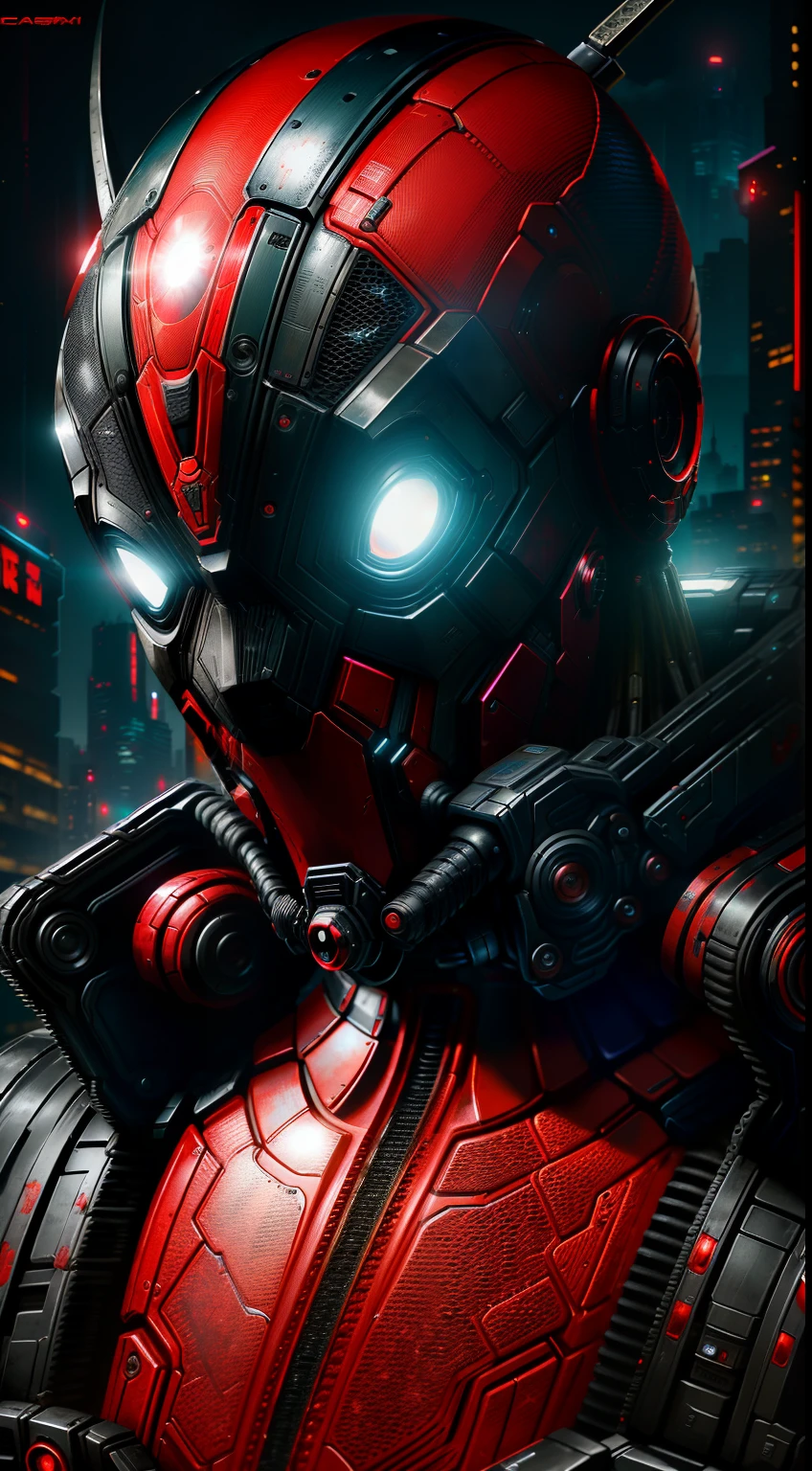 Deadpool from Marvel photography, biomechanics, complex robot, red, full growth, hyper-realistic, crazy little details, incredibly clean lines, cyberpunk aesthetic, masterpiece featured on Zbrush Central, cyberpunk city backdrop
