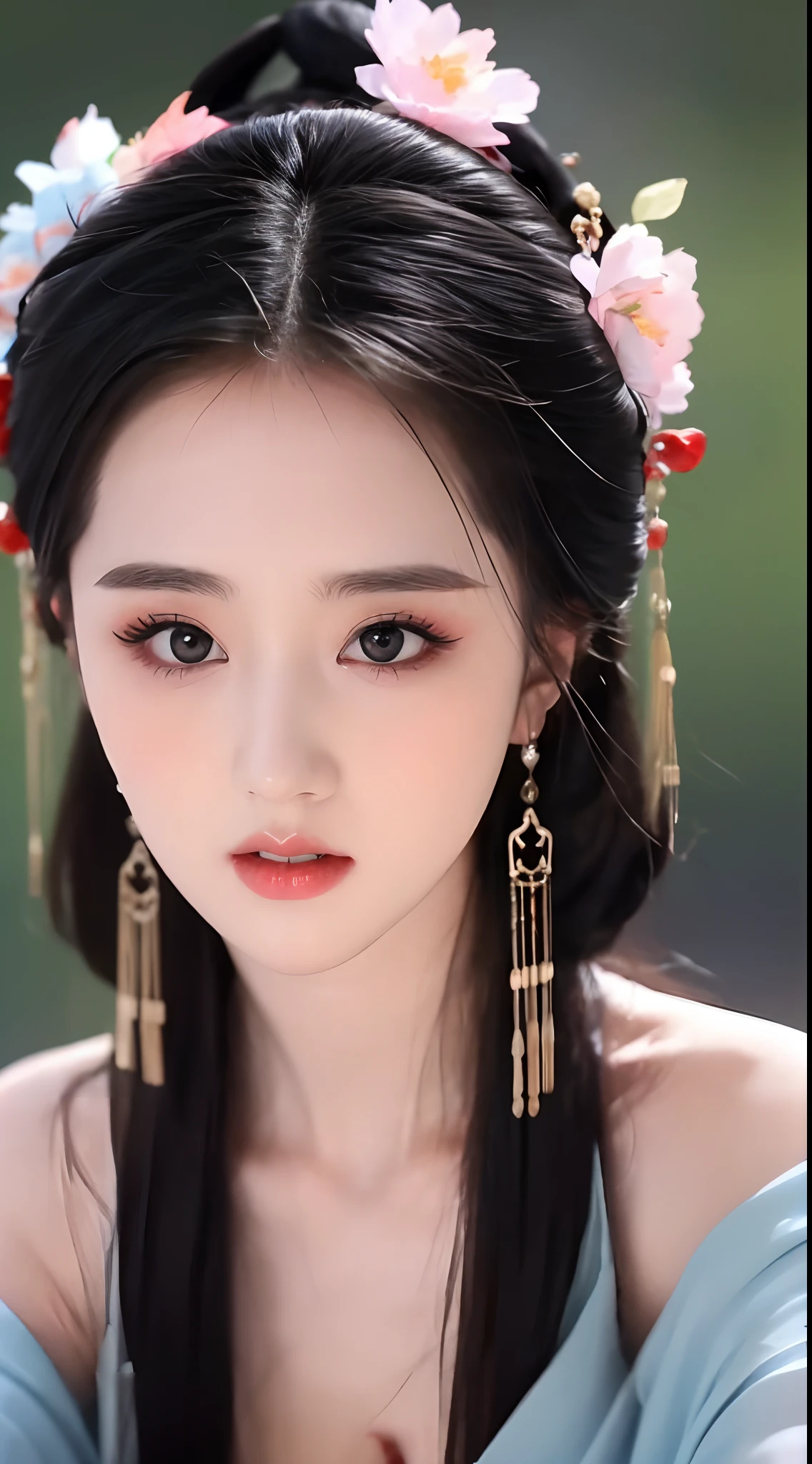 1 beautiful girl, long black hair, black eyes, Ancient Chinese style bun, wearing a thin silk shirt of ancient China, appears shoulders and head in the photo, plump red lips, pout, mouth shut, embarrassed, small face makeup detailed and very beautifull, breast augmentation, ((big blum boobs:1.2)), blush, from front, wear earrings, necklaces, from above, looking at viewer, upturned eyes, masterpiece, top quality, best quality, official art, unity 8k wallpaper, highres, ultra-high res, ultra-detailed, (photorealistic:1.2), alone, solo, Only 1 girl, style hanfu Dunhuang,