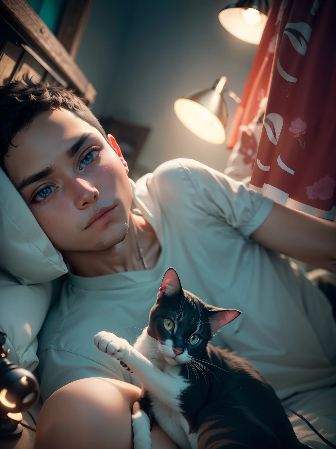 Boy with the cat (high detail:1 1), natural skin, high quality (detailed face and eyes), noise, extra, real photo, PSD, lamp film photography, sharp focus, contrast lighting, high resolution 8k, crazy detail, realistic, professional photography, 8k UHD, SLR camera, soft lighting, high quality, film grain, Fujifilm XT3