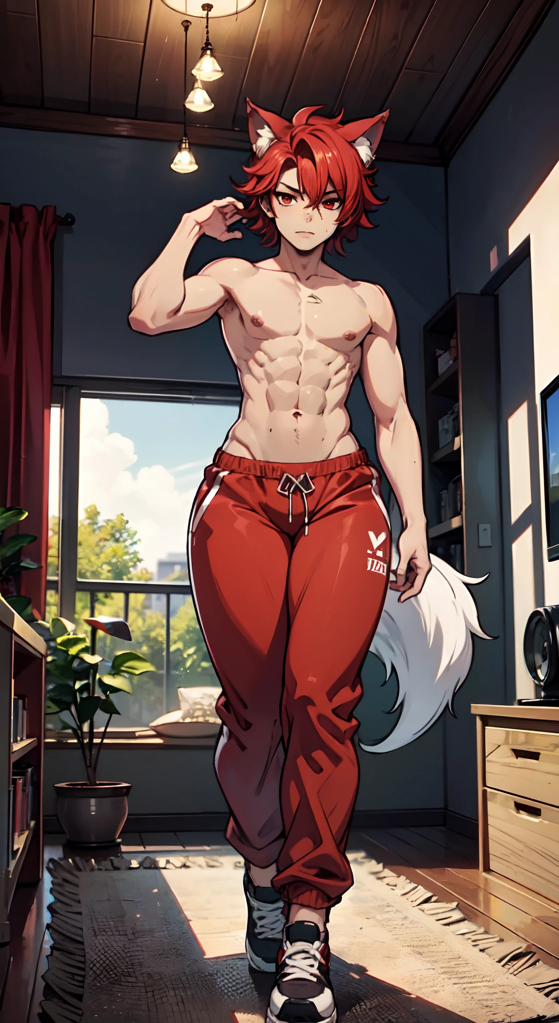 1boy, big sharp wolf ears, fluffy wolf tail, short red hair, red eyes, slim waist, ultra masterpiece, shirtless, livingroom setting, big thighs, wide hips, sweatpants, soft, young, full body view, wolfboy