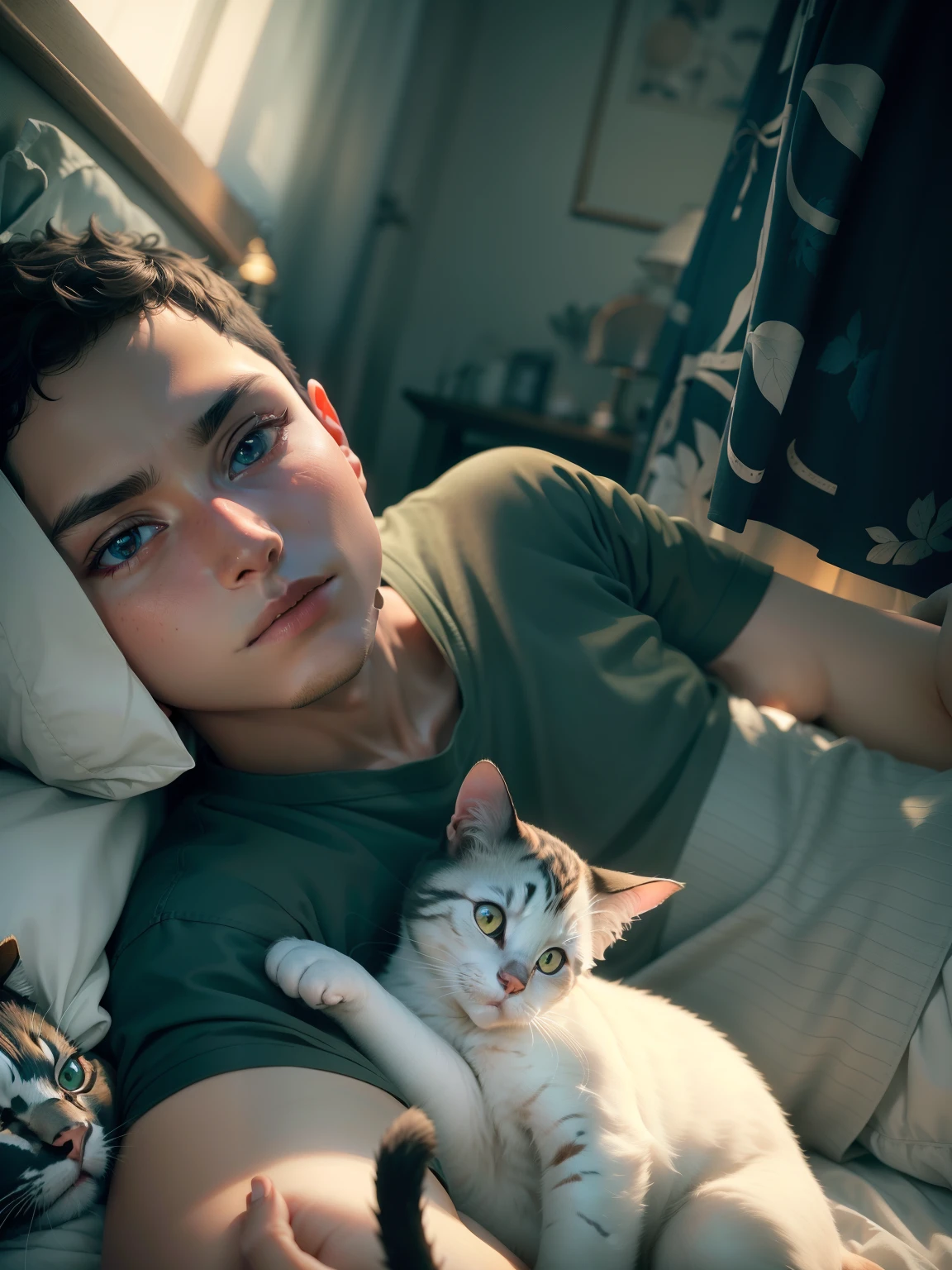 Boy with the cat (high detail:1 1), natural skin, high quality (detailed face and eyes), noise, extra, real photo, PSD, lamp film photography, sharp focus, contrast lighting, high resolution 8k, crazy detail, realistic, professional photography, 8k UHD, SLR camera, soft lighting, high quality, film grain, Fujifilm XT3