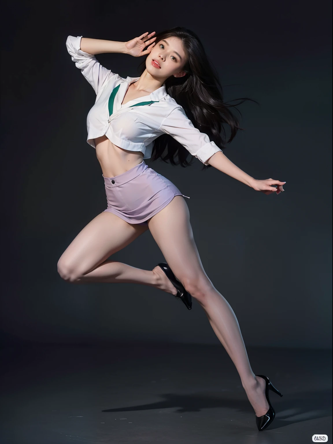 Splitting characters is prohibited，(Full body shot:2),(1girll:1.5)， Must show your face, (anatomy correct:1.3), (Dance on top of a mountain:1.1)，The breath of nature， (Japan JK Student Uniform:1.2)，(Polished pointed toe heels:1.2),（lacepantyhose：2）， Keep your feet off the ground，（In pink|amarelo|blue colors|green color|red colour|white colors|black in color|purpleish color|greys|Beige|Flesh-colored）， (Thick thighs:1.2)， (gigantic hip:1.2)， (huge boob:1.2)， (Slim waist:1.2)，（bodybuilding：1.5），(Accurate and perfect face:1.3)，A shallow laugh, Complex and diverse backgrounds，Strangling effect,hyper HD, Ray traching, reflective light，structurally correct, Award-Awarded, high detal, lightand shade contrast, Face lighting，cinmatic lighting, tmasterpiece, super detailing, high high quality, high detal, best qualityer, 16k