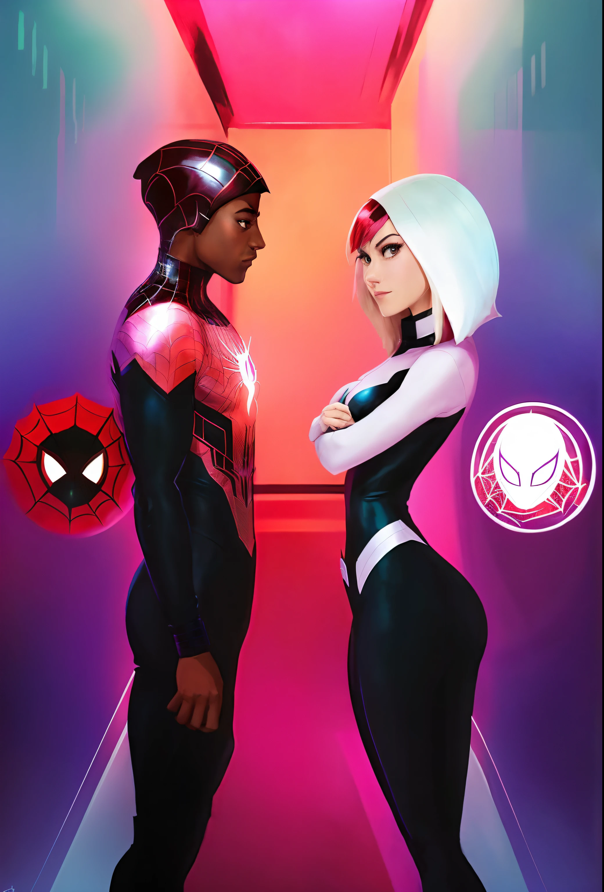 aranha - homem e mulher em um corredor com um fundo neon, spider - estilo de arte verso, no aranhaverso, no aranhaverso, aranhaverso, Gwen-aranha, aranha - gwen, aranha gwen, Miles Morales!!!, ( ( Mulher-Aranha ) ), Miles Morales, No estilo da Marvel e DC, Gwen Stacy, fanart de alta qualidade, Estilo futurista Homem-Aranha