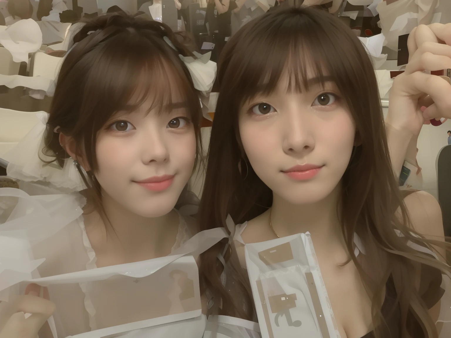 Two young women holding tickets in front of the concert crowd, 8K selfie photos, nixeu and sakimichan, sakimichan, Beautiful Gemini twins, jaeyeon nam, angels in white gauze dresses, popular korean makeup, personal profile picture, with a twin, 8K))