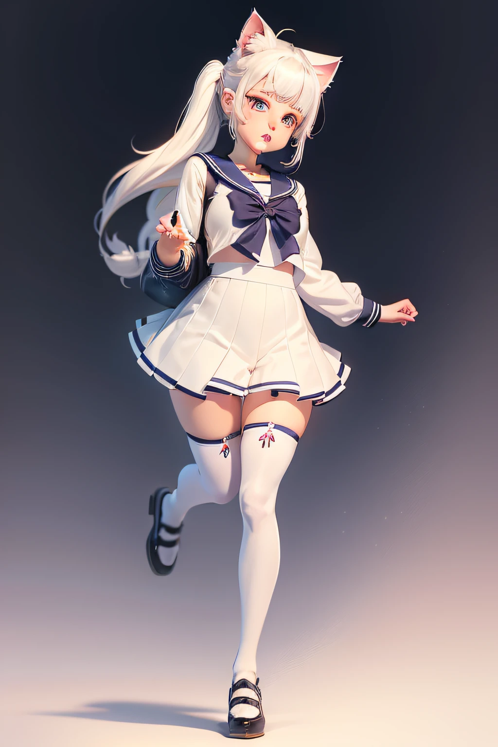White double ponytail hair,Anime girl in sailor suit, full body adoptable, Cat anime girls, anime full body illustration, Muppet cat , full body with costume, anime vtuber full body model, !!Full body portrait!!, Full body girl, Cat-eared loli woman, pretty anime character design,College girl fashion