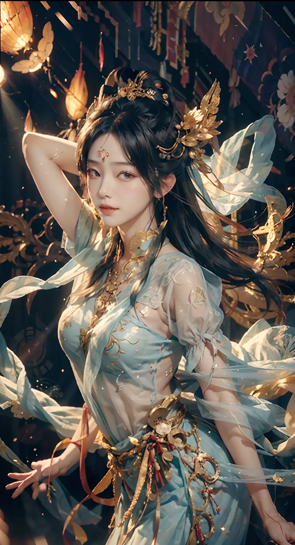 (RAW photo, Best quality), (Realistic, photo-realistic:1.3), Best quality, Highly detailed, Masterpiece, Ultra-detailed, illustration, Sweet girl,faeries,Kannon shape,A sweet smile,The upper part of the body_Body, Long flowing hair,Dynamic Angle, world mastery theater, Best quality, extremely detailed CG unity 8k壁纸,电影灯光,lens_flare,dunhuang_Style,Light gauze garment,Lace,Streamers,Transparent clothes,cold shades