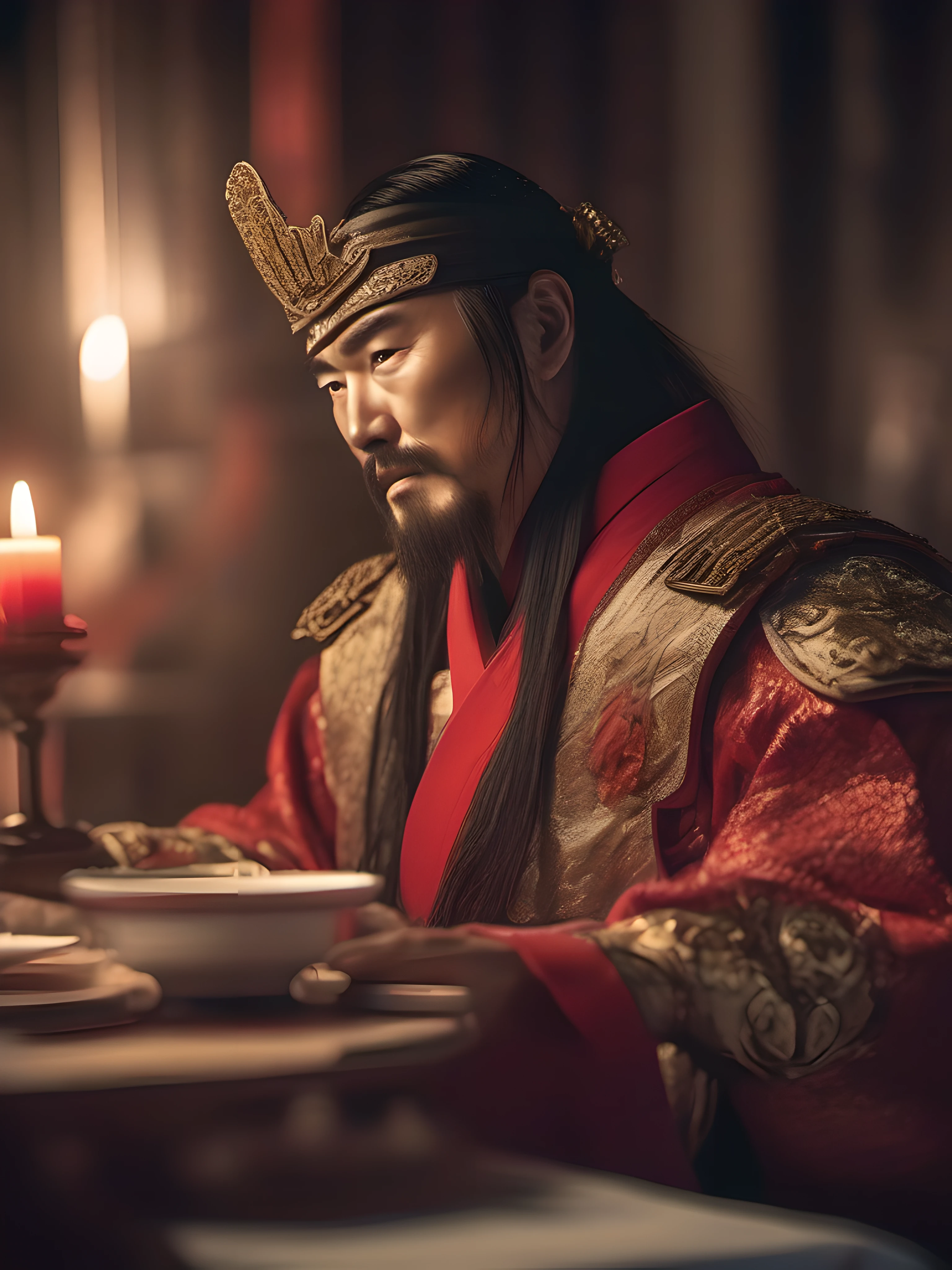 Cao Cao is at a banquet, his eyes are cunning and deep, as if observing and calculating everyone. His figure is more intelligent and ambitious under the candlelight. The picture is presented in a realistic photography style, with light shining from in front of him, making his figure more unique. The color is mainly warm tones, emphasizing his passion and ambition.