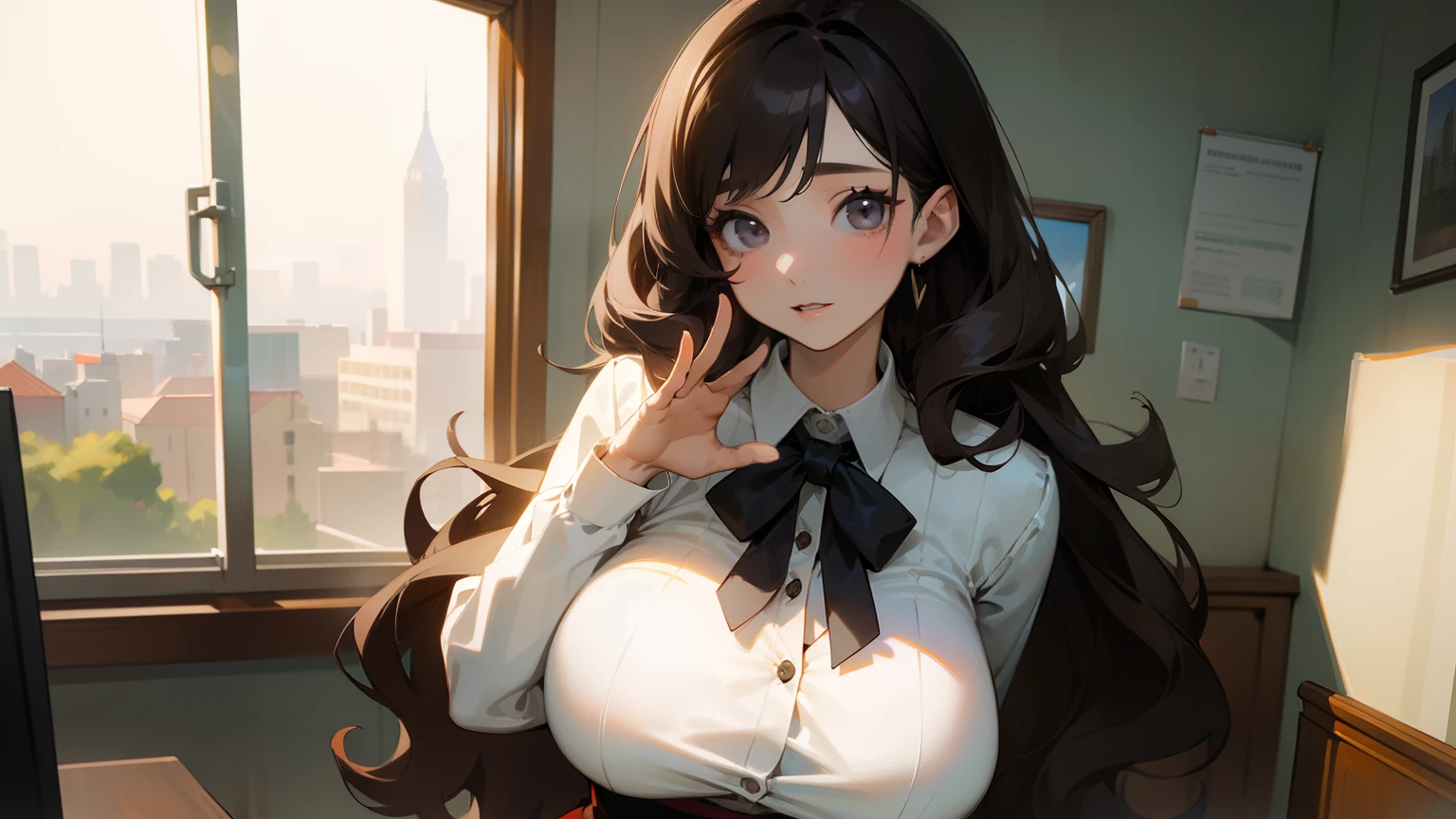 top-quality、masterpiece、A dark-haired、Female, 35 years old、Long、waved hair、skirt by the、Tight blouse、huge tit、upper_body,s Office、view straight on