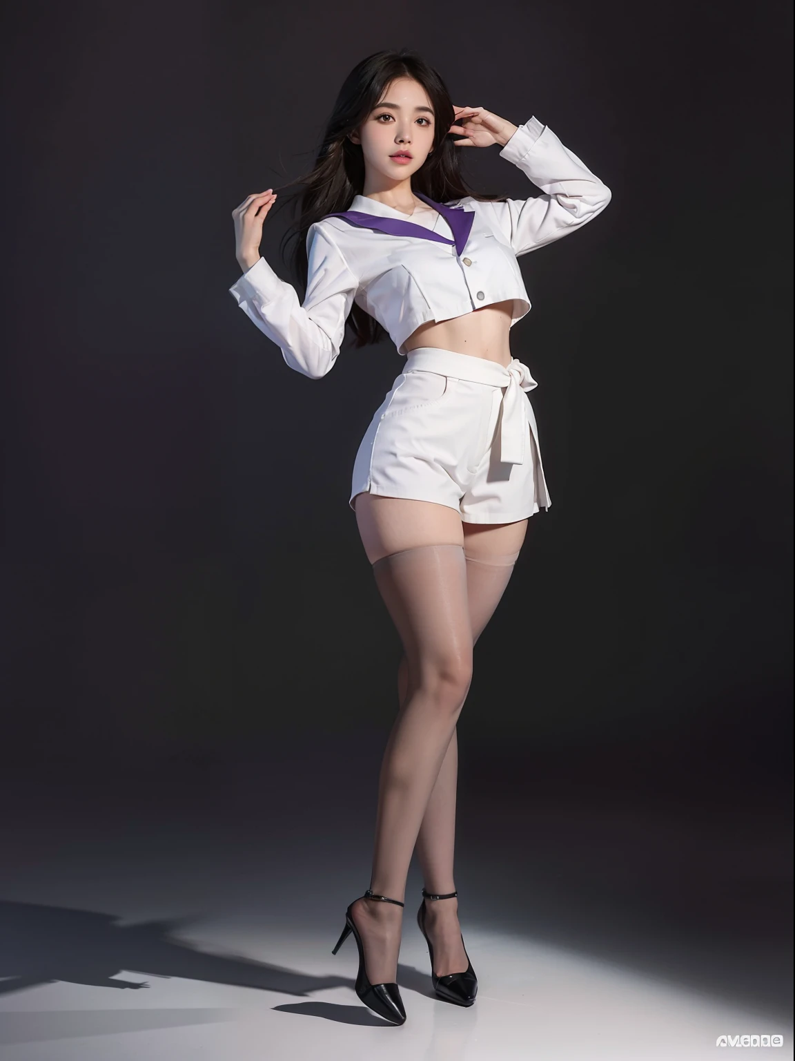 Splitting characters is prohibited，(Full body shot:2),(1girll:1.5)， Must show your face, (anatomy correct:1.3), (Dance on top of a mountain:1.1)，The breath of nature， (Japan JK Student Uniform:1.2)，(Polished pointed toe heels:1.2),（lacepantyhose：2）， Keep your feet off the ground，（In pink|amarelo|blue colors|green color|red colour|white colors|black in color|purpleish color|greys|Beige|Flesh-colored）， (Thick thighs:1.2)， (gigantic hip:1.2)， (huge boob:1.2)， (Slim waist:1.2)，（Strong and stout muscles：1.5），(Accurate and perfect face:1.3)，A shallow laugh, Complex and diverse backgrounds，Strangling effect,hyper HD, Ray traching, reflective light，structurally correct, Award-Awarded, high detal, lightand shade contrast, Face lighting，cinmatic lighting, tmasterpiece, super detailing, high high quality, high detal, best qualityer, 16k