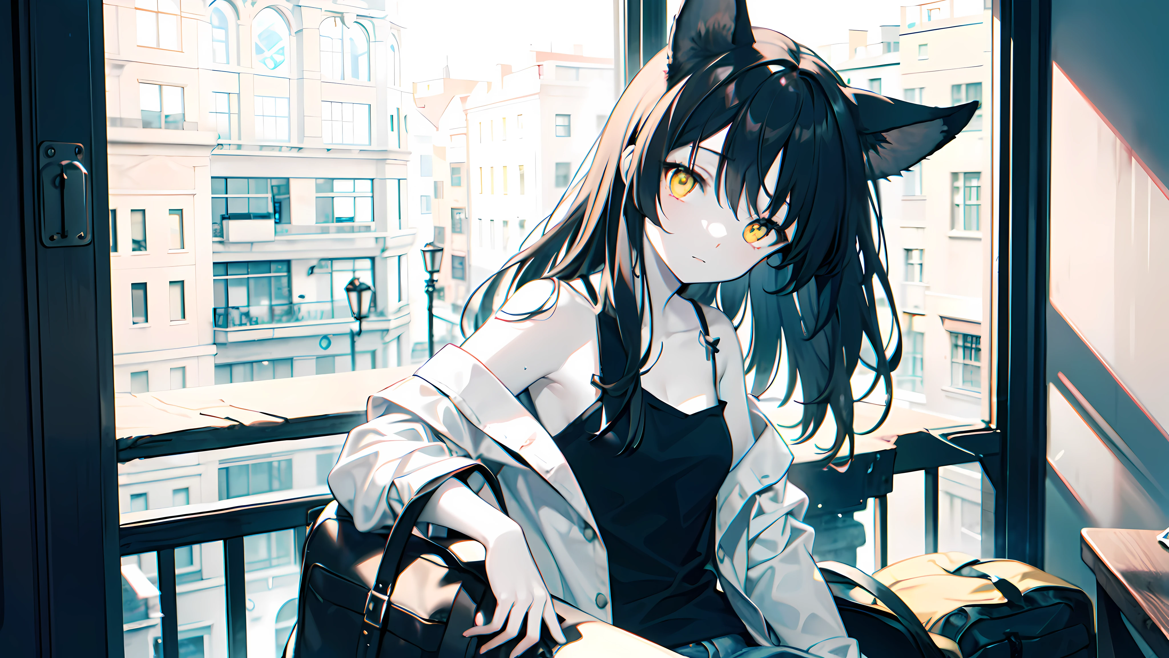 (masterpiece:1.2), (8k:1.2), (pale skin:1.2), (solo:1.2), (female:1.1), (animal ears:1.2), (casual shirt:1.3), (interior:1.2), staring at nothing, (bare shoulders:1.3), (yellow eyes:1.2)