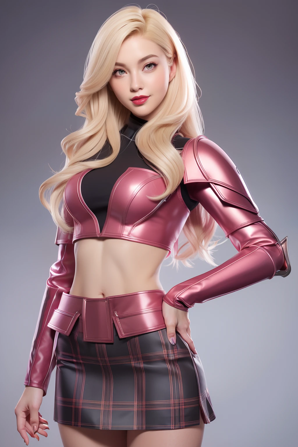 Beautiful Face Woman、a blond、pink back ground、 Beautuful Women、18year old、prety woman、hyper realistic photography、High-definition photos、red lipsticks、Mandalorian Style Metal Armor Skirt Suit、The skin is not very exposed、Do not cut your head off the screen、a miniskirt、Tartan check、pink there