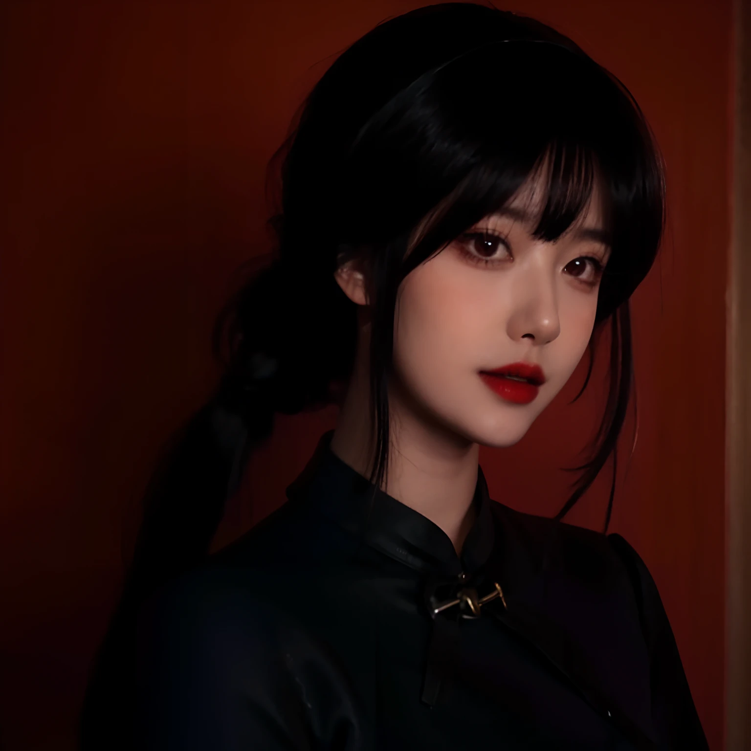 Highest quality photography，Realistic expressions with HD details，Single close-up shot，Dark shades，Natural makeup，Black high ponytail，Redlip，Light clothing，vintagestyle，Black cheongsam，Bigchest